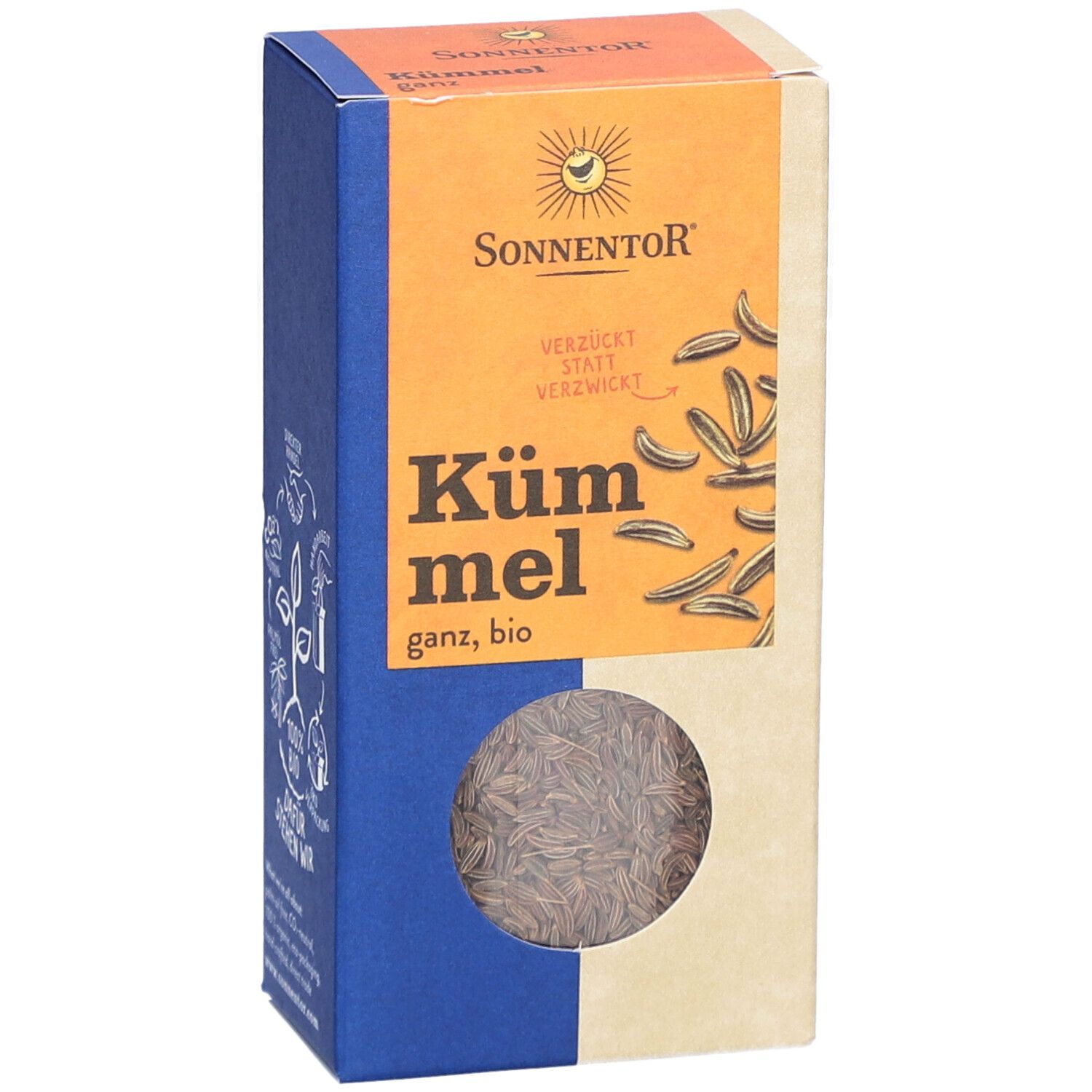 Karton mit Kümmel, bio. Sichtfenster mit Kümmelsamen. Logo Sonnentor. Text: Kümmel, ganz, bio.