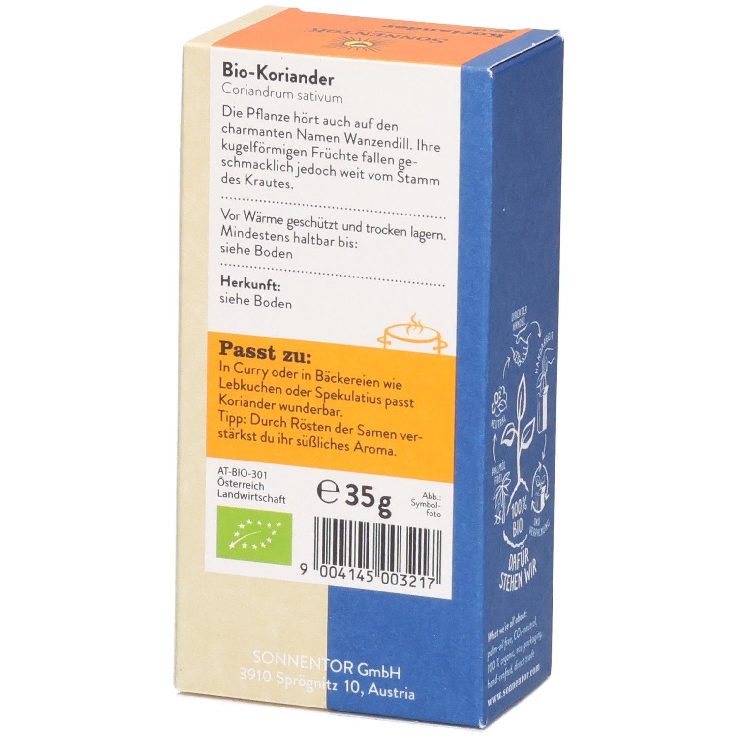 Sonnentor Bio Koriander ganz: Rückseite der Verpackung mit Produktinformationen, Bio-Siegel und 35g Angabe.