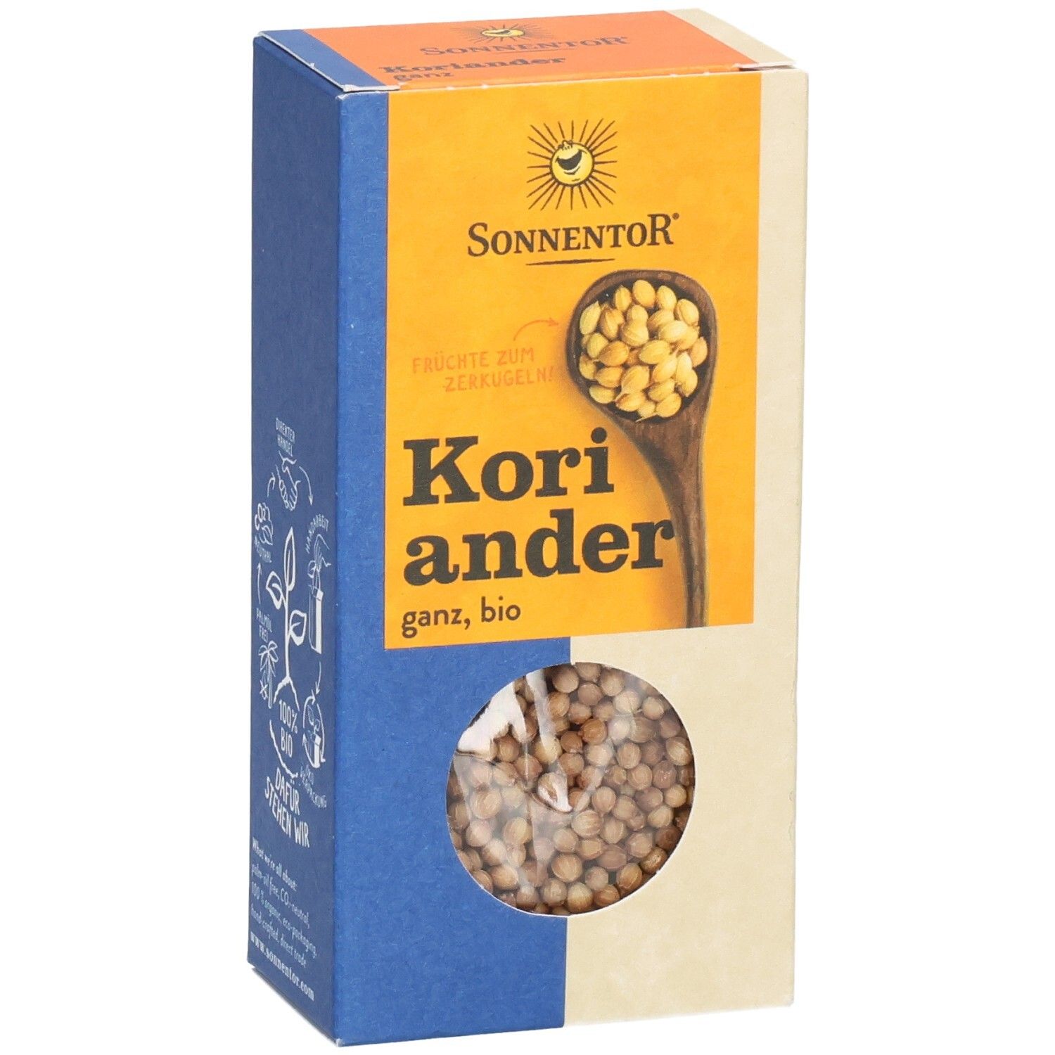 Sonnentor Bio Koriander ganz: Vorderseite der Verpackung mit Produktnamen, Löffel voller Samen und Fenster mit Samen.