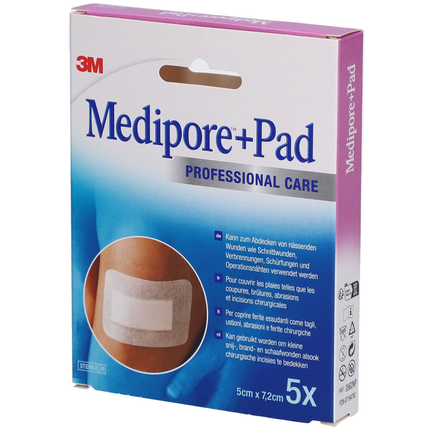 Verpackung von 3M Medipore+Pad. Produktname und Logo sichtbar. Abgebildet ist ein Pflaster auf einem Arm. 5 Stück, 5 x 7,2 cm.