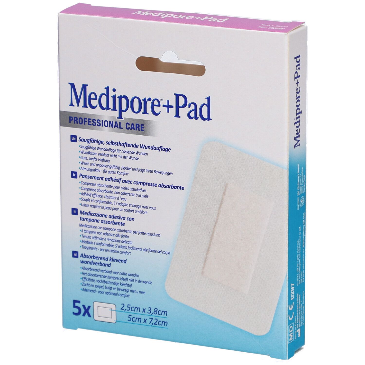 Verpackung von 3M Medipore+Pad. Produktname und Logo sichtbar. 5 Stück, 2,5 x 3,8 cm und 5 x 7,2 cm. Medizinprodukt.