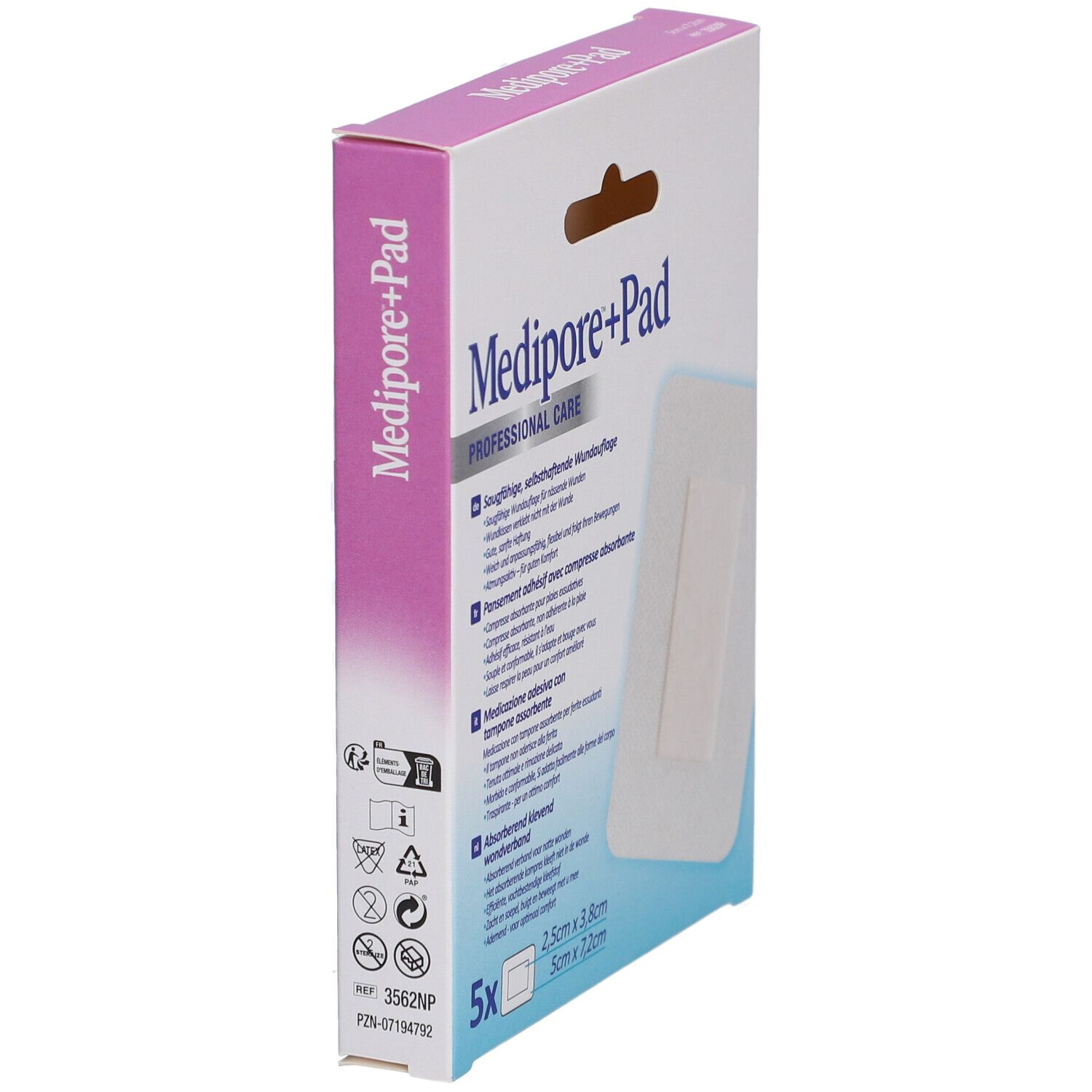 Schrägansicht der Verpackung von 3M Medipore+Pad. Produktname und Logo sichtbar. 5 Stück, 2,5 x 3,8 cm. Medizinprodukt.