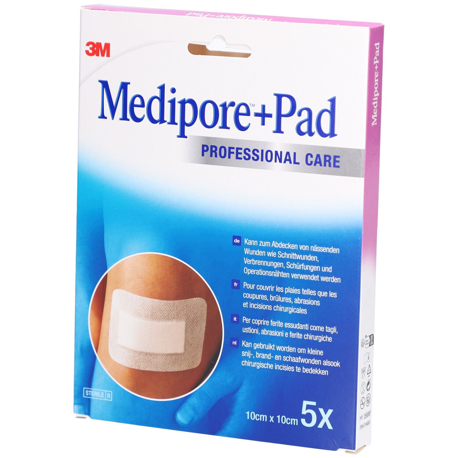 Emballage de 3M Medipore+Pad. Montre un pansement sur une peau. Contient 5 pièces, 10x10cm.