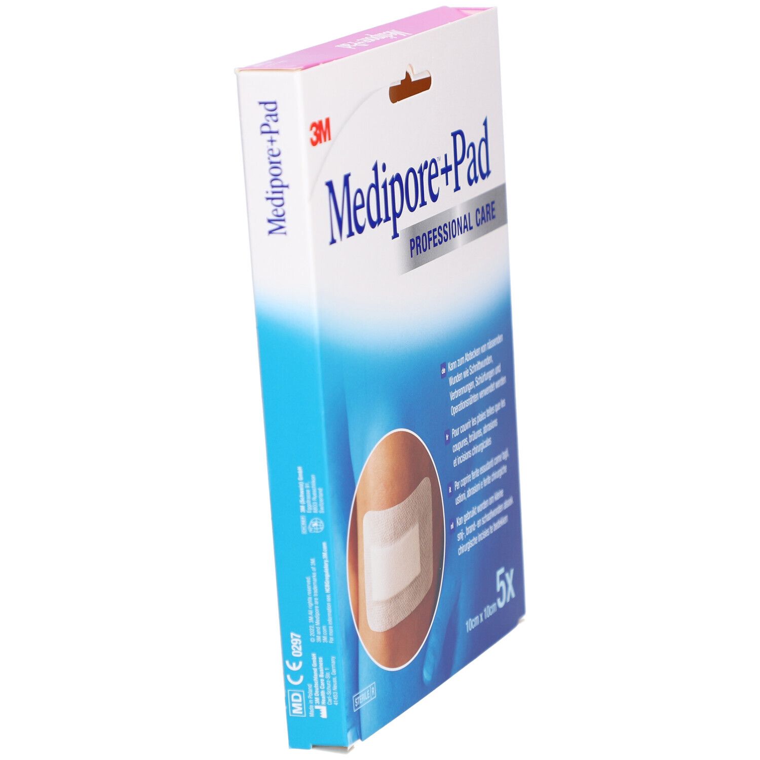 Vue latérale de l'emballage 3M Medipore+Pad. Rose et blanc. Contient 5 pièces. Nom et logo du produit visibles.