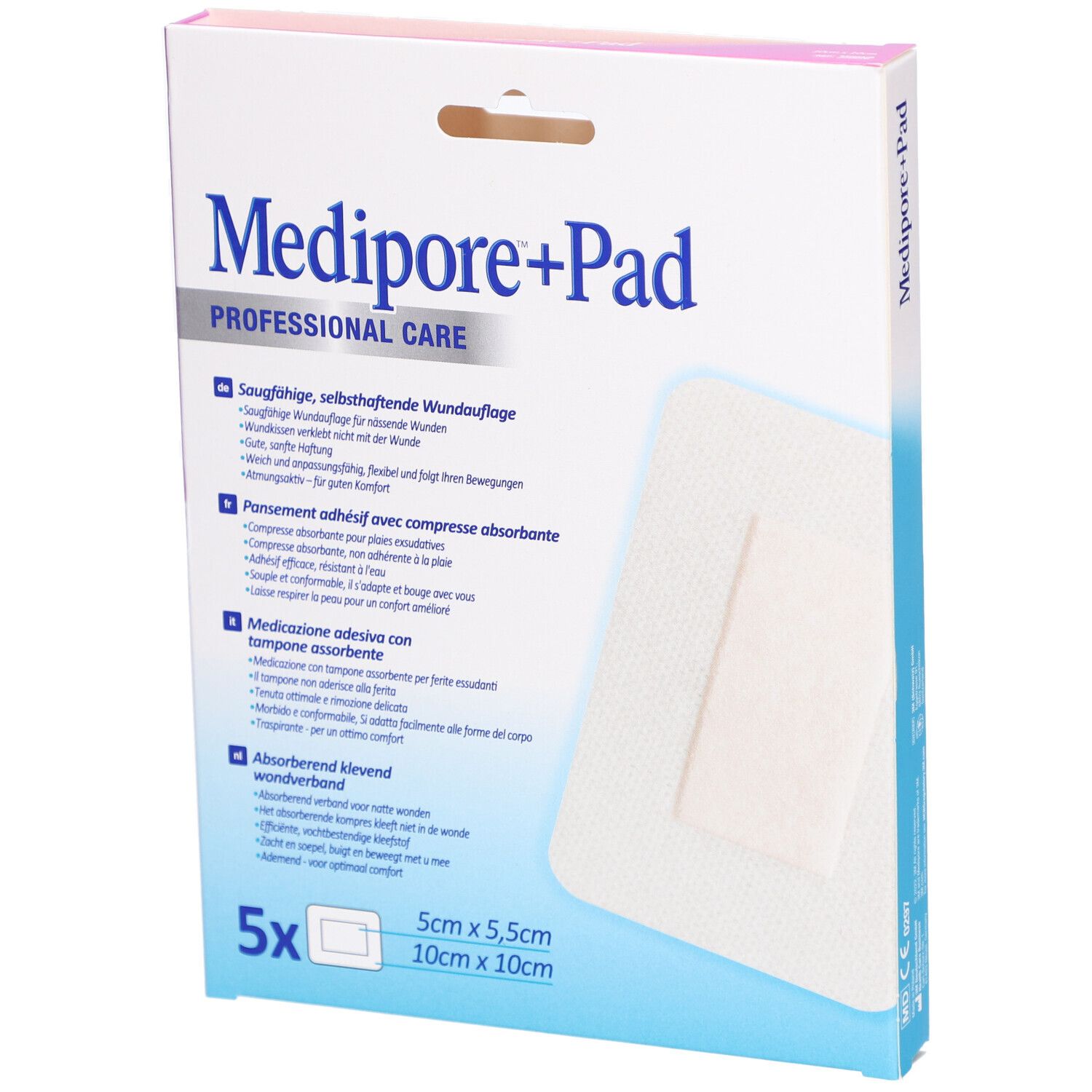 Emballage 3M Medipore+Pad. Contient 5 pansements. Nom du produit et texte descriptif en plusieurs langues.
