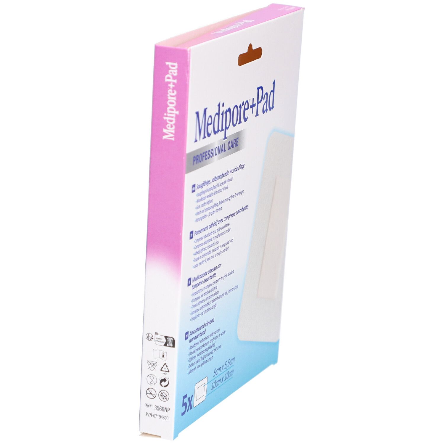 Vue latérale de l'emballage 3M Medipore+Pad. Rose et blanc. Contient 5 pièces. Nom et logo du produit visibles.
