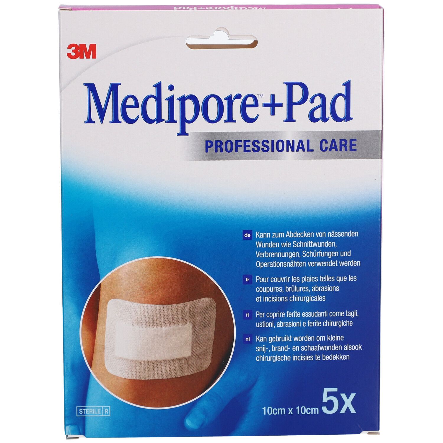 Emballage 3M Medipore+Pad. Montre un pansement sur une peau. Contient 5 pièces, 10x10cm.
