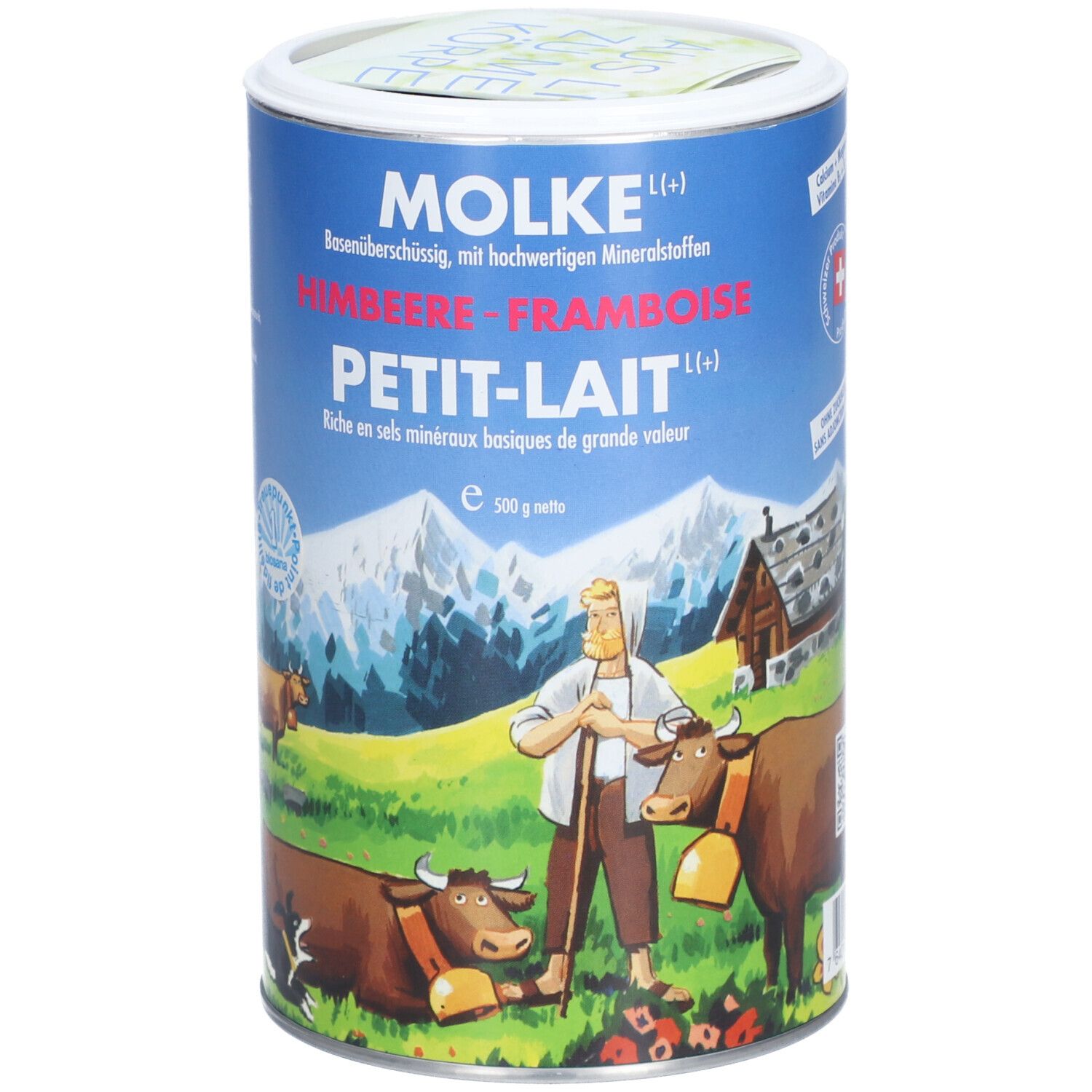 Zylindrische Dose mit Aufschrift MOLKE, Himbeere-Framboise, Petit-Lait. Abbildung eines Bauern mit Kühen und Alpenlandschaft.