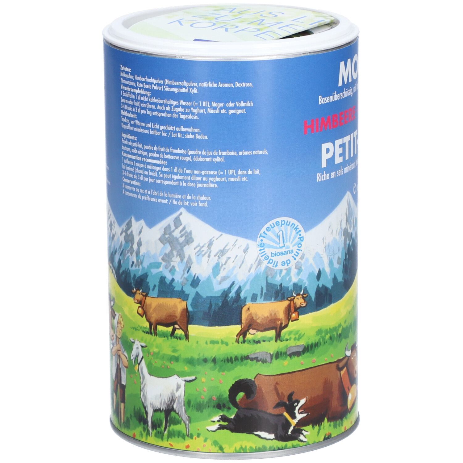 Zylindrische Dose mit Aufschrift MOLKE, Himbeere-Framboise, Petit-Lait. Abbildung von Kühen, Ziegen und Alpenlandschaft. Text in mehreren Sprachen.