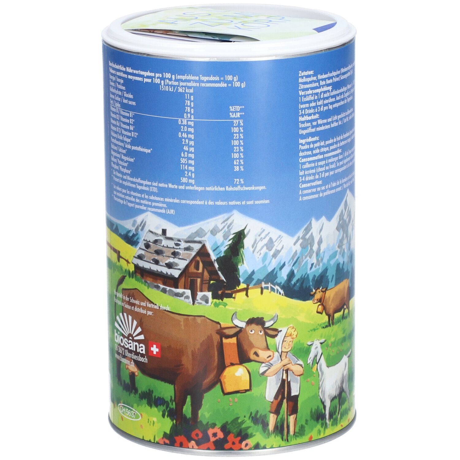 Zylindrische Dose mit Nährwertangaben und Inhaltsstoffen. Abbildung von Kühen, Bauern und Alpenlandschaft. Marke BIOSANA.