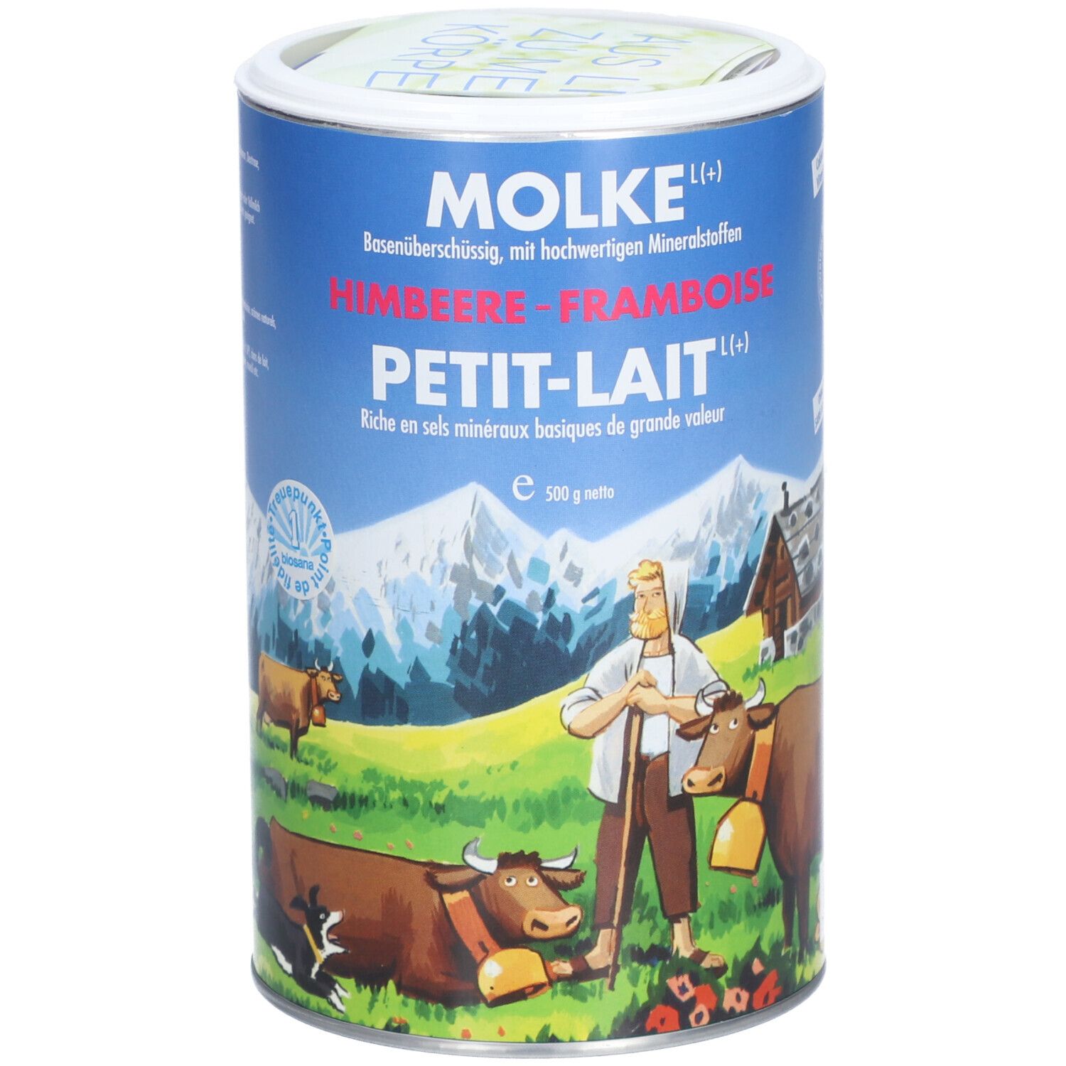 Zylindrische Dose mit Aufschrift MOLKE, Himbeere-Framboise, Petit-Lait. Abbildung eines Bauern mit Kühen und Alpenlandschaft.