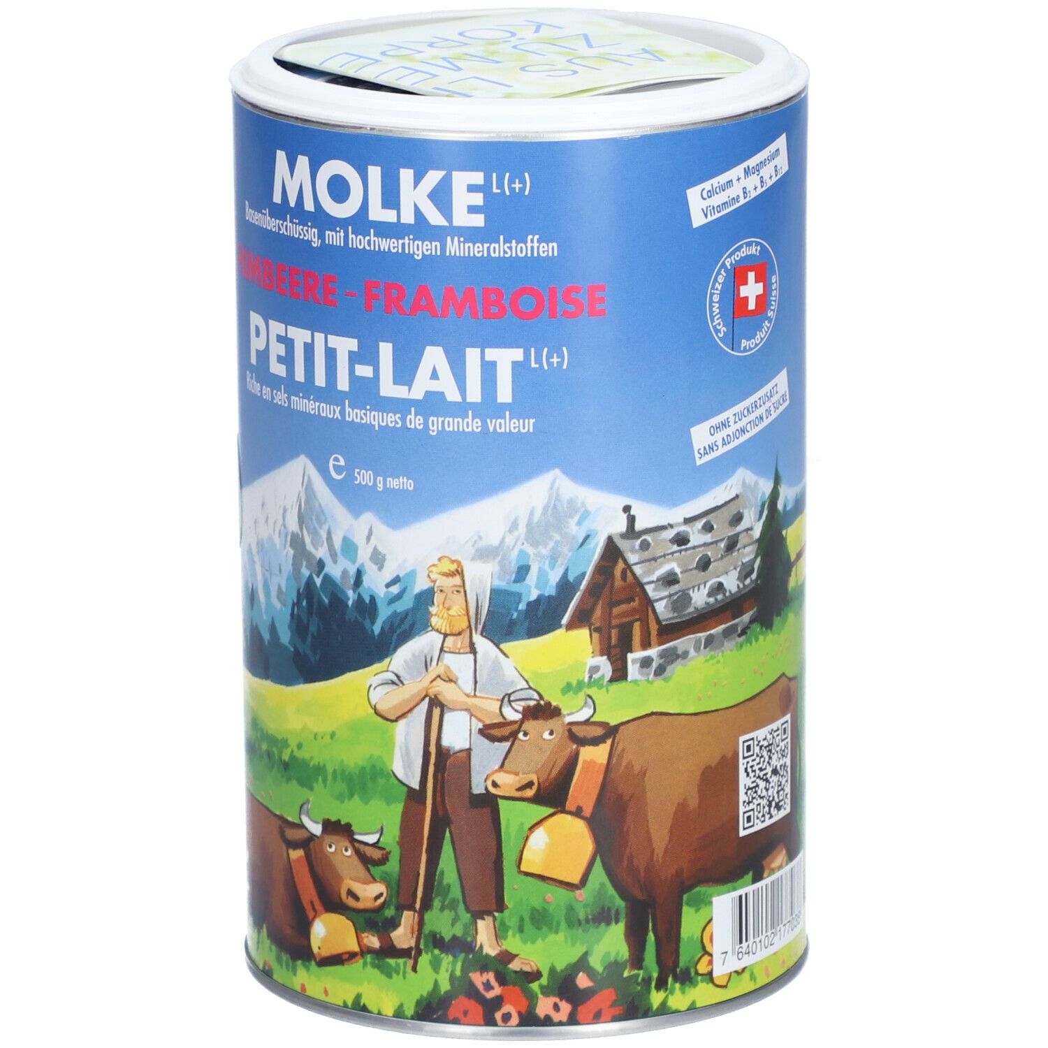 Zylindrische Dose mit Aufschrift MOLKE, Himbeere-Framboise, Petit-Lait. Schweizer Kreuz. Abbildung eines Bauern mit Kühen und Alpenlandschaft.