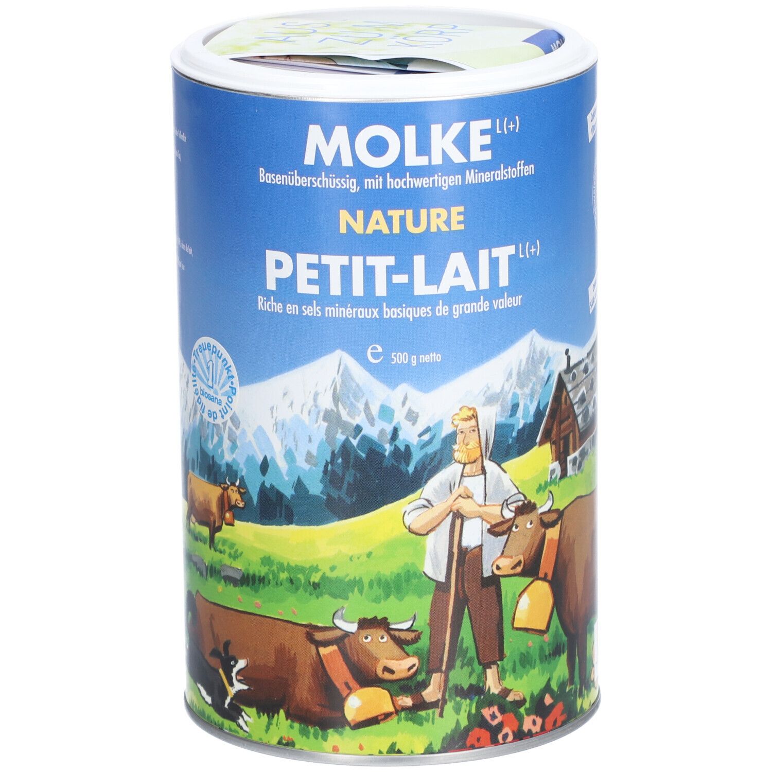 Zylindrische Dose mit MOLKE NATURE PETIT-LAIT. Illustration: Kühe, Mann, Berge. Text: Basenüberschüssig, mit Mineralstoffen. E 500 g netto.