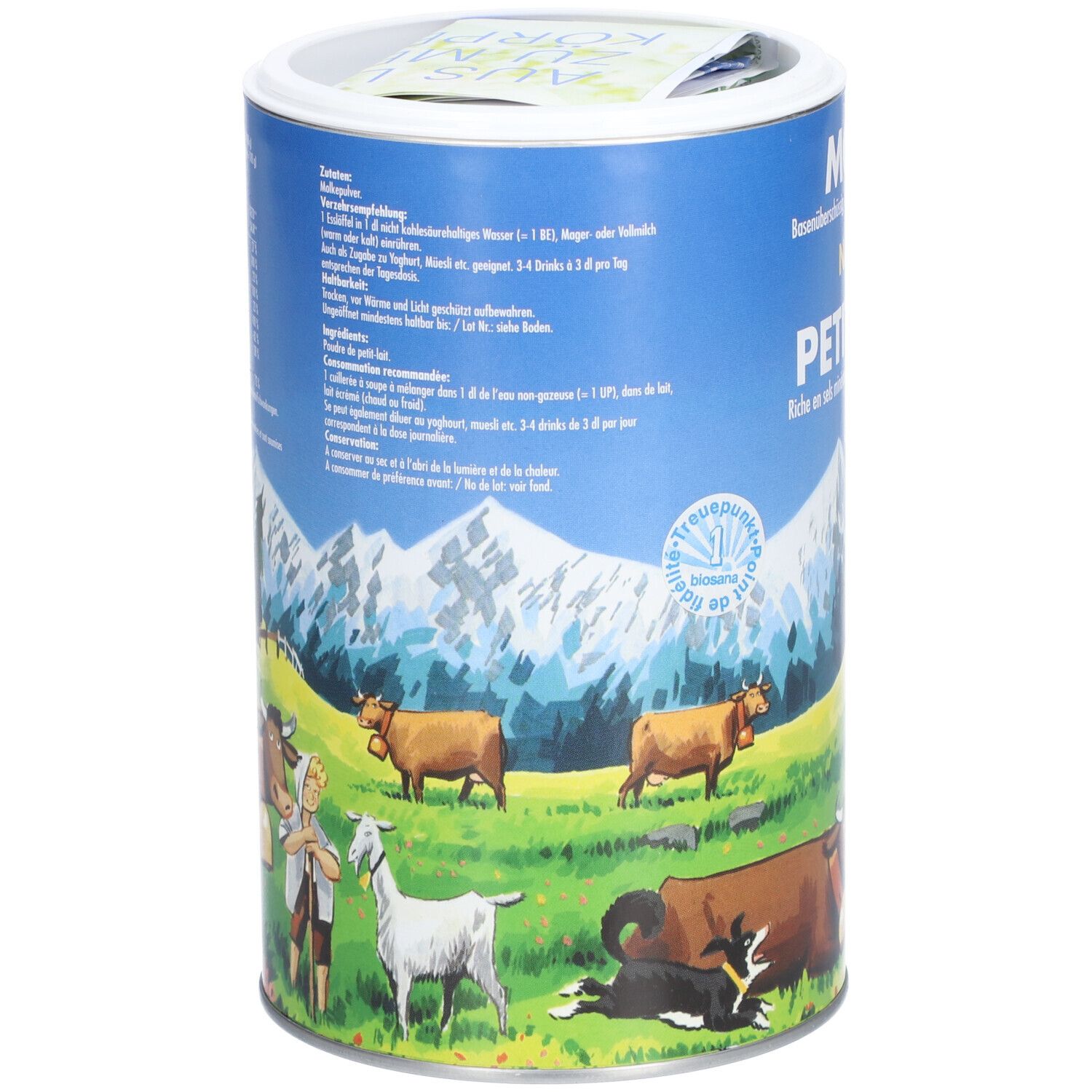 Zylindrische Dose mit MOLKE NATURE PETIT-LAIT. Rückseite mit Text und Illustration von Kühen, Ziegen und Bergen. Text in Deutsch und Französisch.