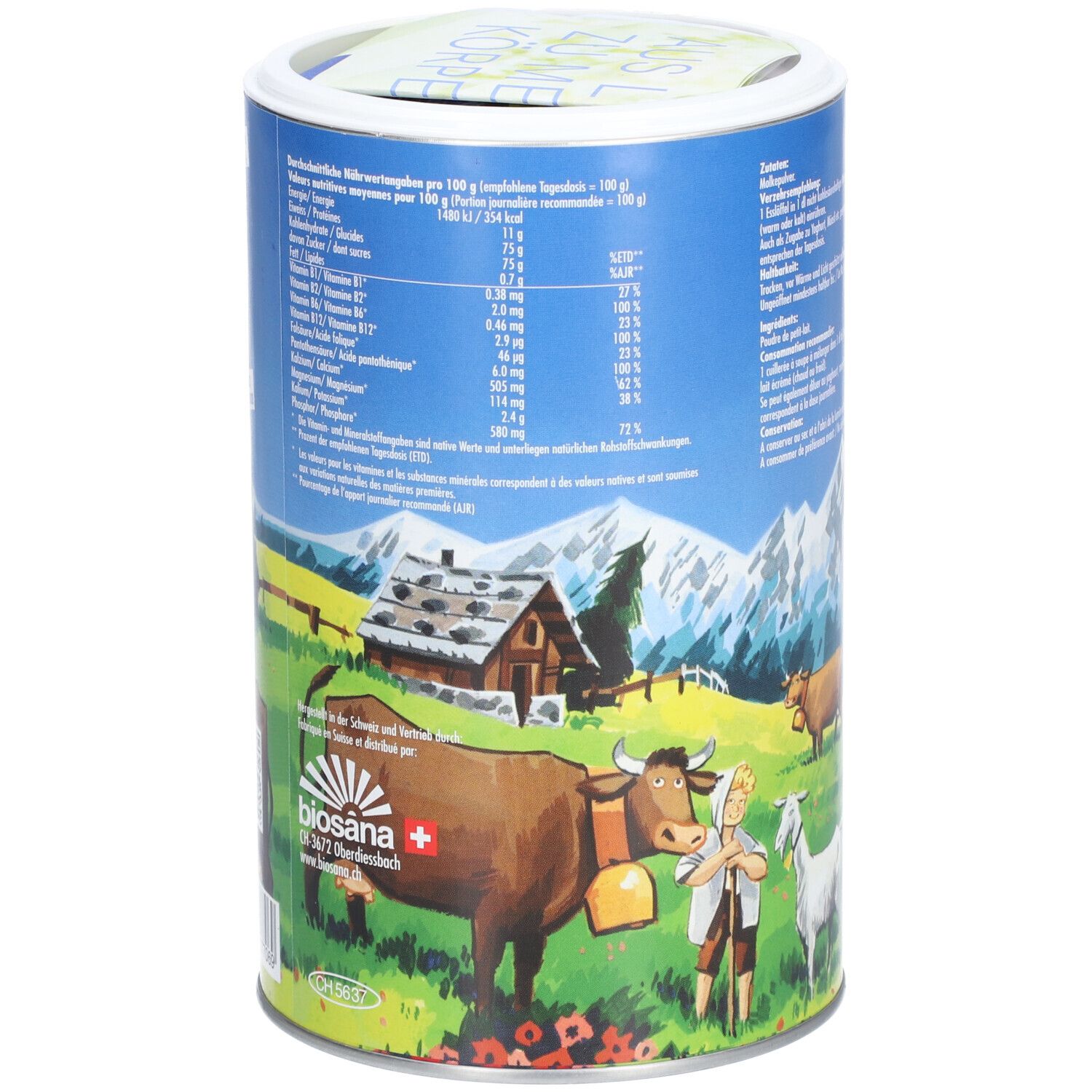 Zylindrische Dose mit MOLKE NATURE PETIT-LAIT. Rückseite mit Nährwertangaben und Illustration von Kühen, Mann und Bergen. Biosana Logo.