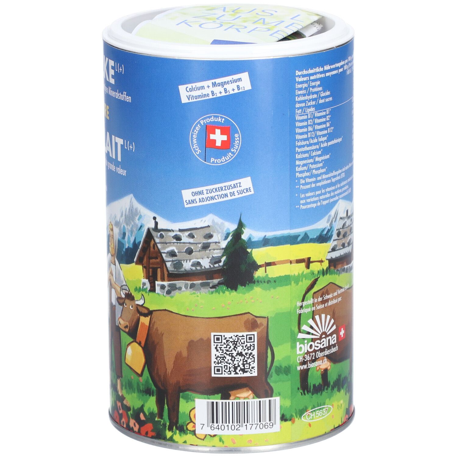 Zylindrische Dose mit MOLKE NATURE PETIT-LAIT. Rückseite mit Text, Schweizer Kreuz, QR-Code und Illustration. Ohne Zuckerzusatz.