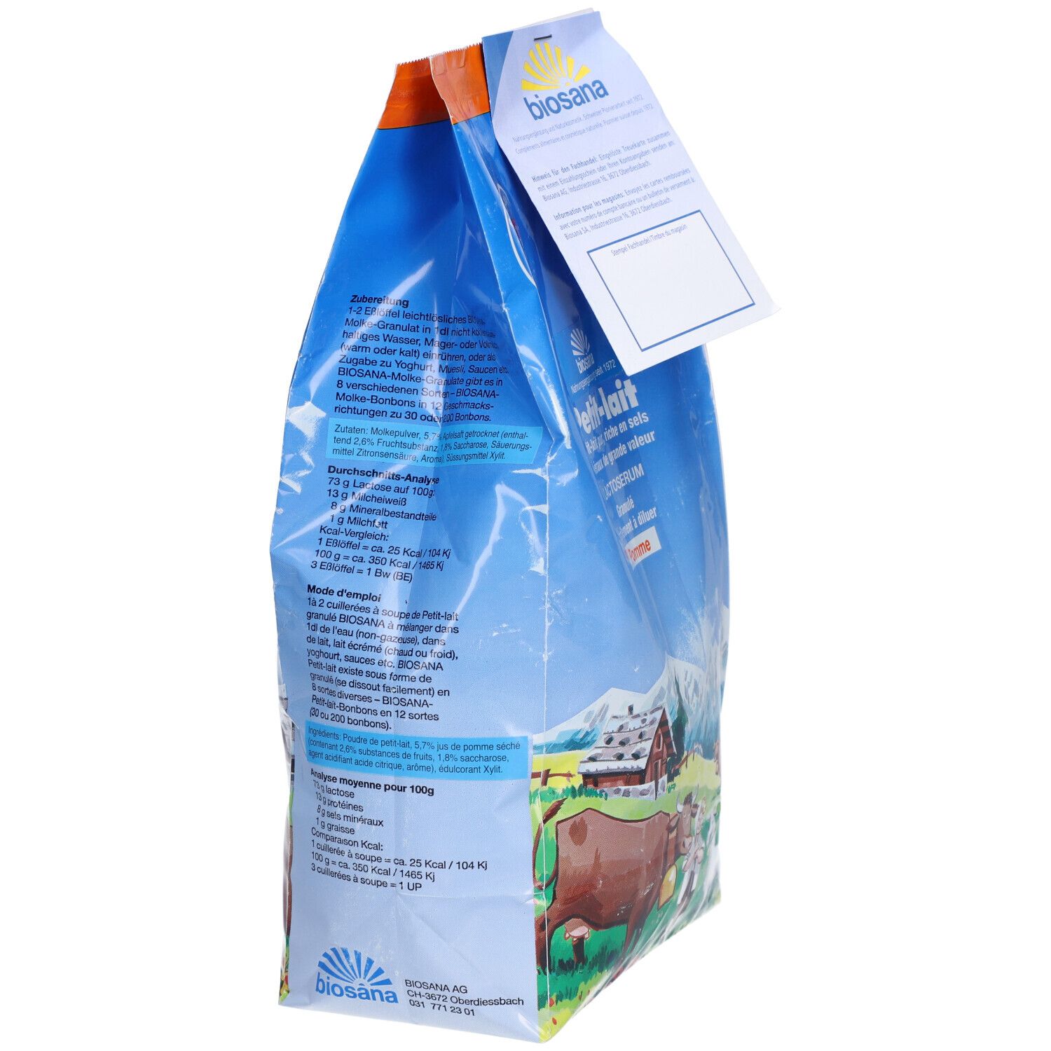 Sachet bleu, vue latérale. Texte: "Petit-lait". Dos avec texte et informations nutritionnelles. Logo croix suisse.