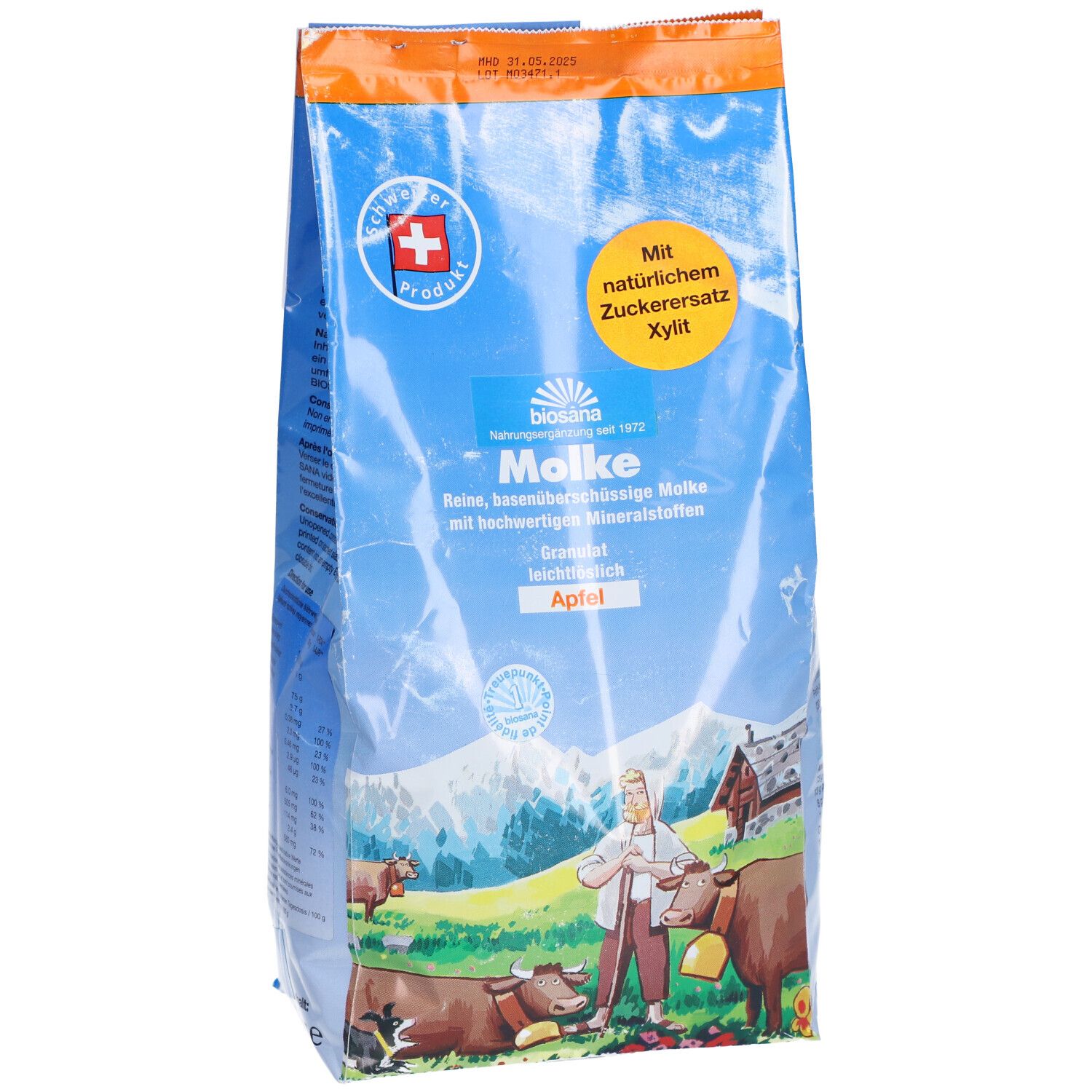Sachet bleu "Molke", logo croix suisse. Texte: "Apfel", "Granulat". Illustration: vaches, homme, maison.