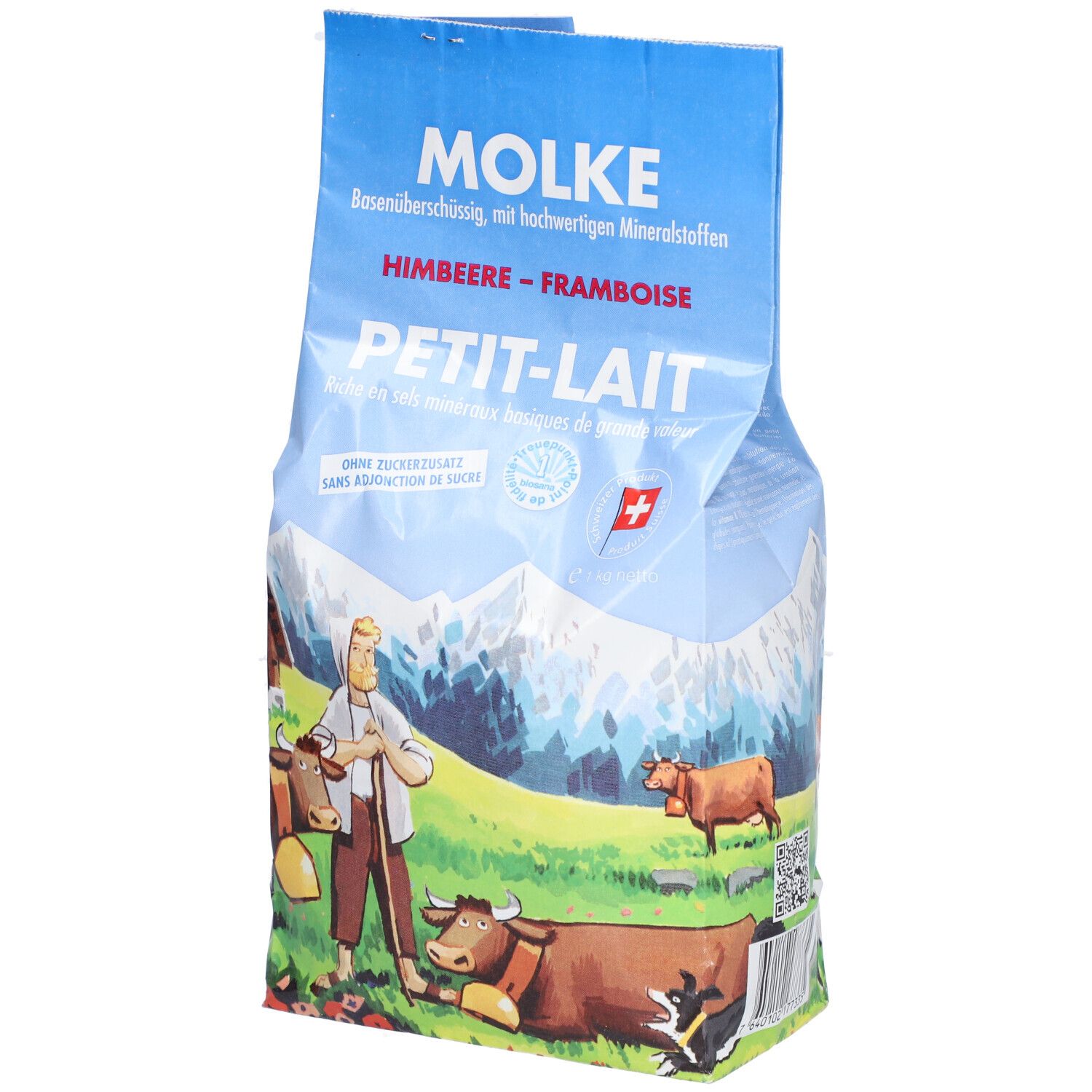 Sachet bleu avec inscription MOLKE, Himbeere-Framboise, Petit-Lait. Illustration de vaches et montagnes. Drapeau suisse.