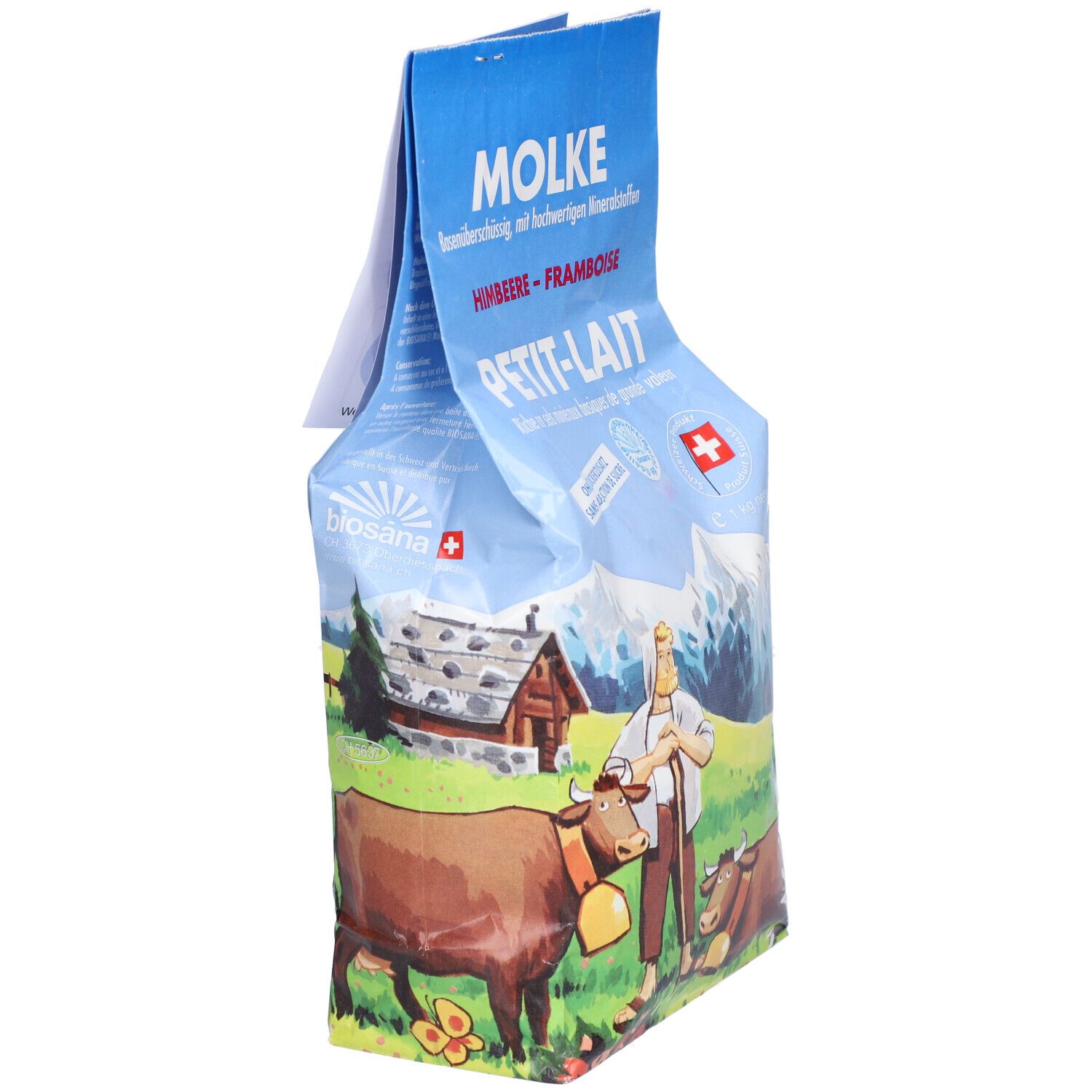 Sachet bleu avec inscription MOLKE, Himbeere-Framboise, Petit-Lait. Logo BIOSANA. Illustration de vaches et montagnes.
