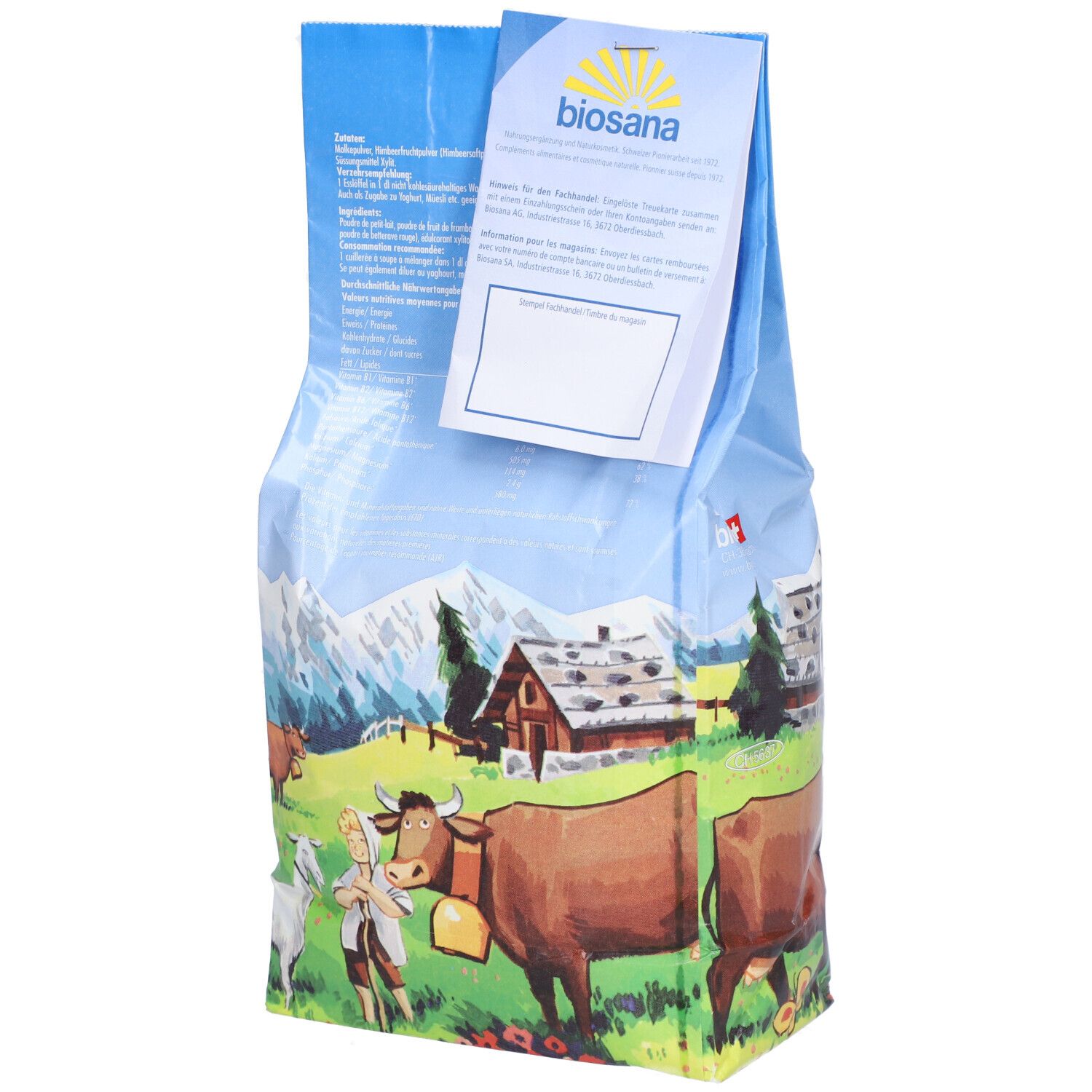 Dos du sachet bleu. Logo BIOSANA. Informations textuelles et drapeau suisse. Illustration de vaches et montagnes.