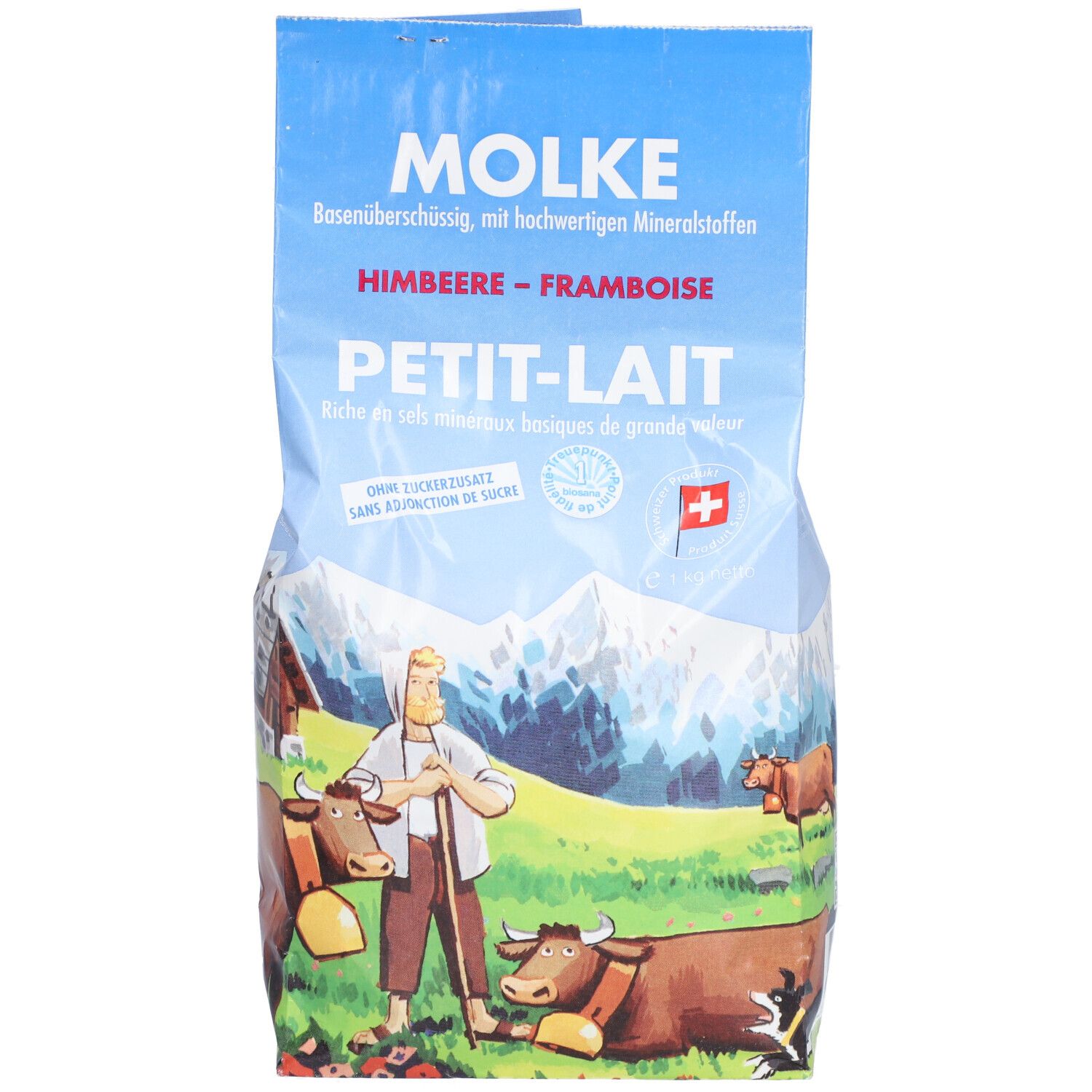 Sachet bleu avec inscription MOLKE, Himbeere-Framboise, Petit-Lait. Illustration de vaches et montagnes. Drapeau suisse.