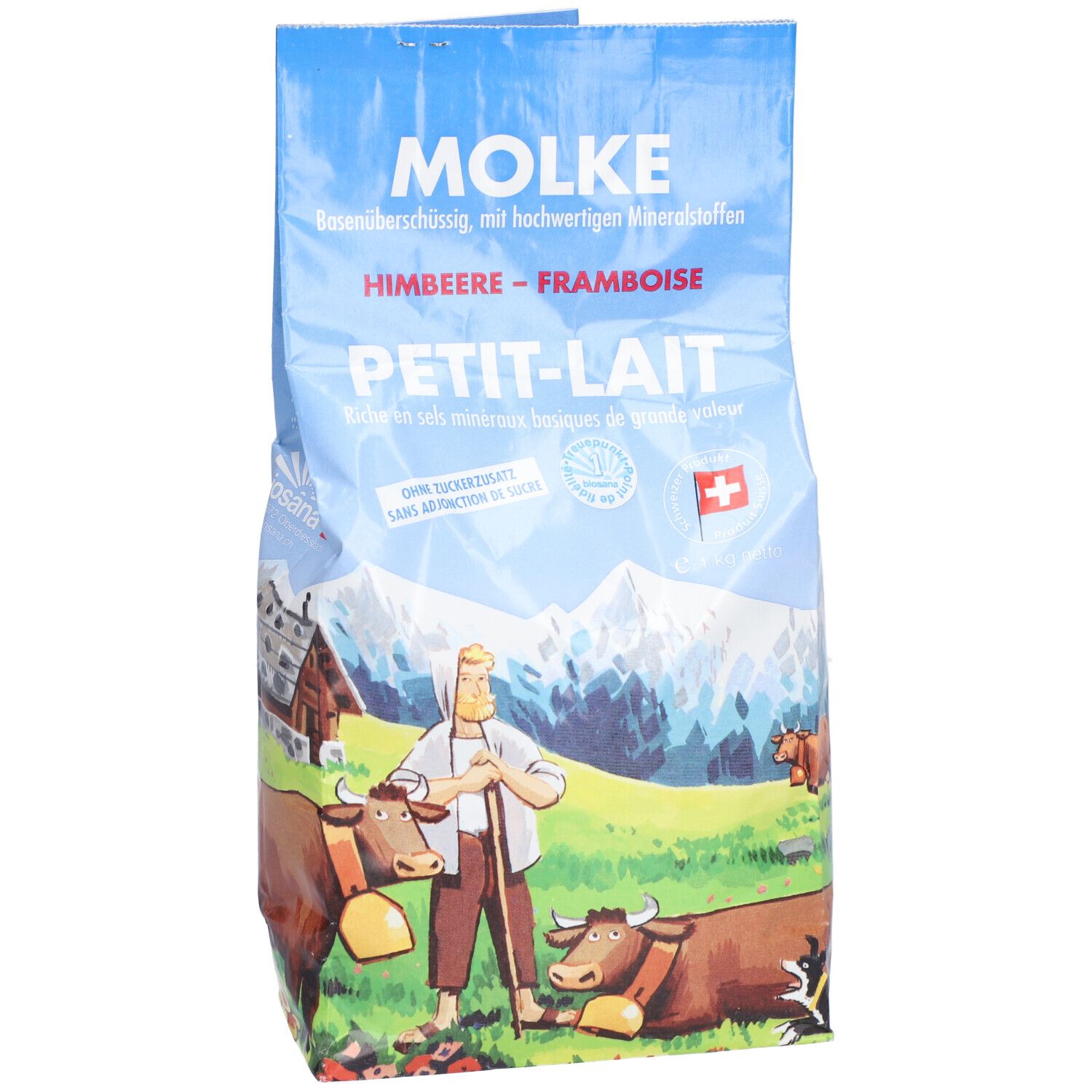 Sachet bleu avec inscription MOLKE, Himbeere-Framboise, Petit-Lait. Logo BIOSANA. Illustration de vaches et montagnes.