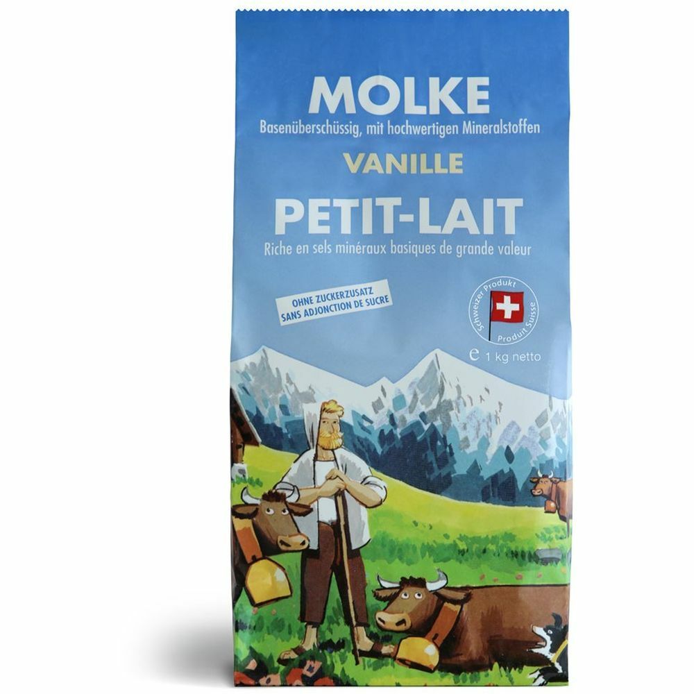 Beutel mit Molke Vanille. Illustration von Kühen und Bergen. Schweizer Flagge. Ohne Zuckerzusatz.