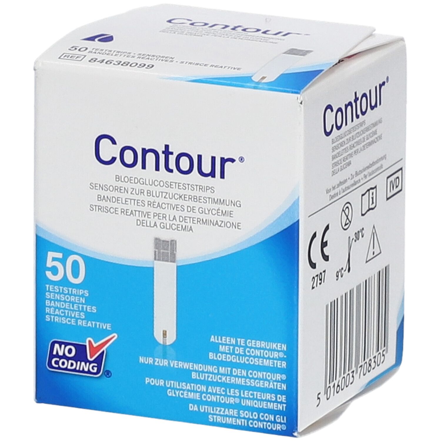Verpackung von Contour Blutzuckerteststreifen. 50 Teststreifen, blaue und weiße Box, Produktname und Logo deutlich sichtbar.