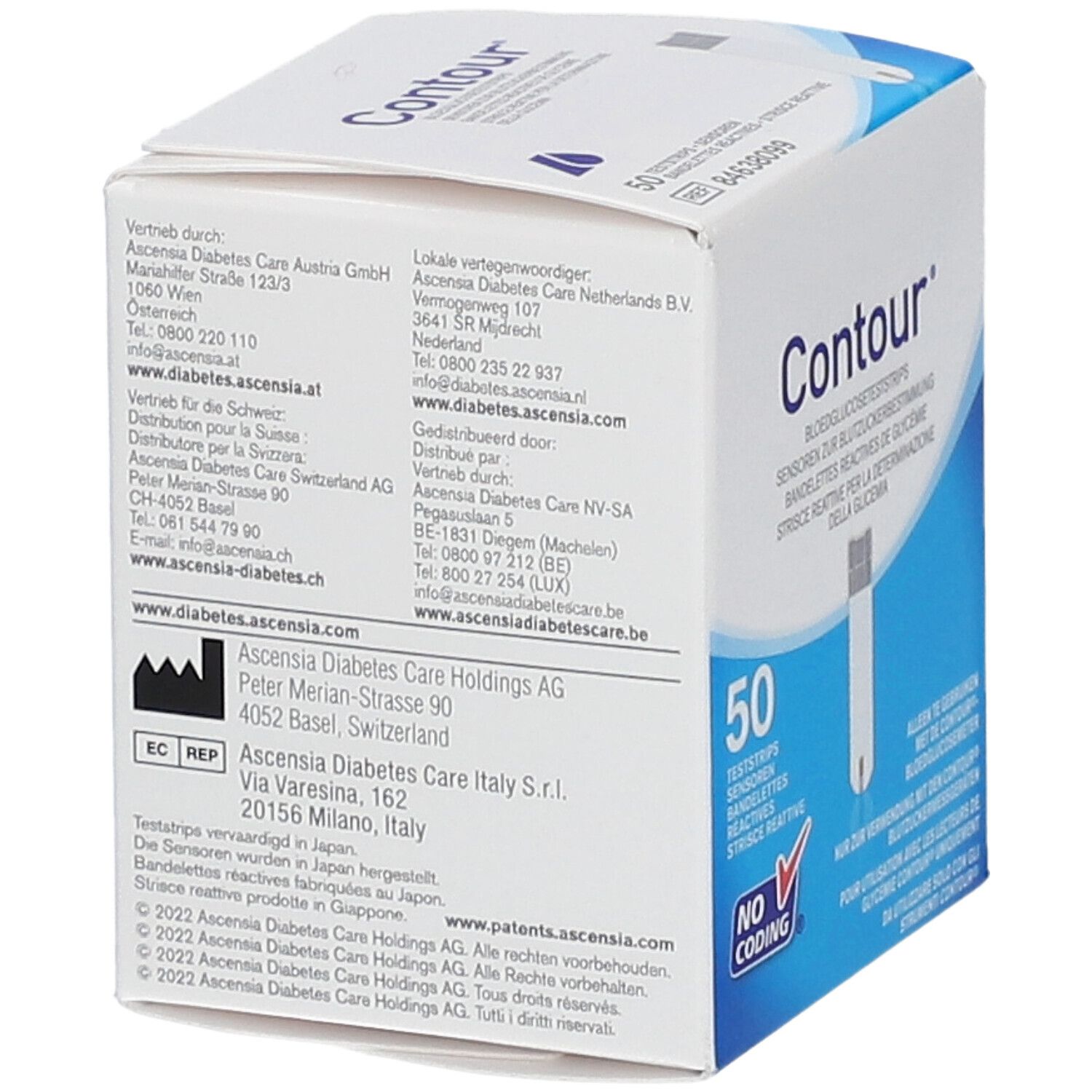 Rückseite der Contour Teststreifen-Verpackung. Herstellerinformationen, Logos und Adressen sind aufgedruckt.