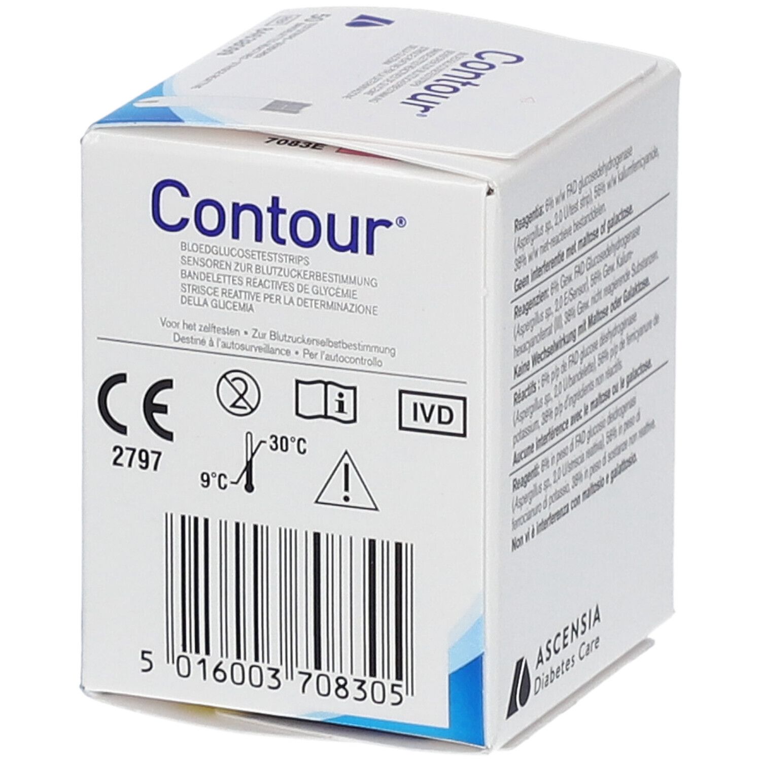 Seite der Contour Teststreifen-Verpackung. CE-Kennzeichnung, Temperaturangaben und Barcode sind sichtbar.