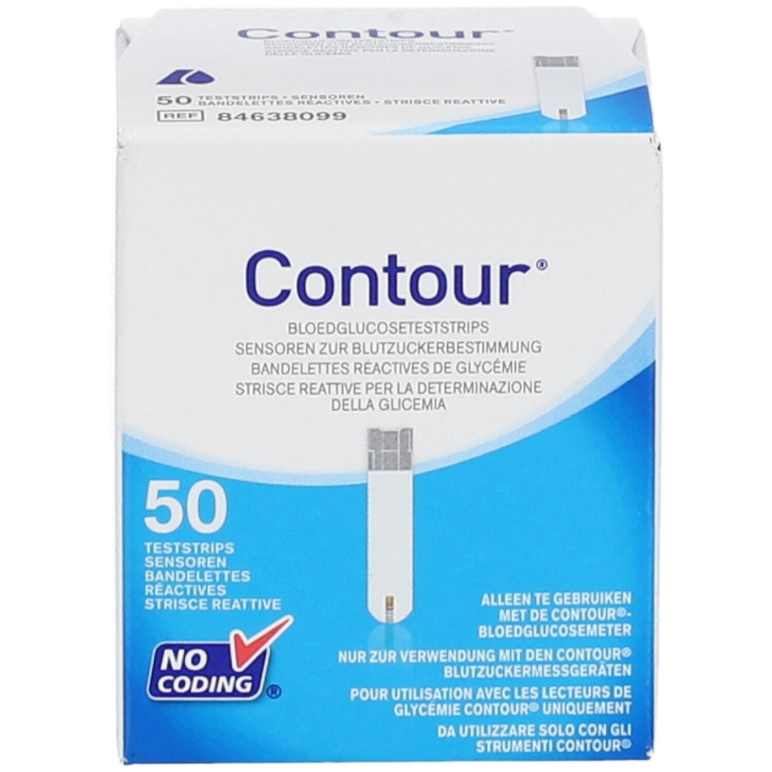 Vorderseite der Contour Teststreifen-Verpackung. Produktname, Logo, Anzahl der Streifen und weitere Informationen.