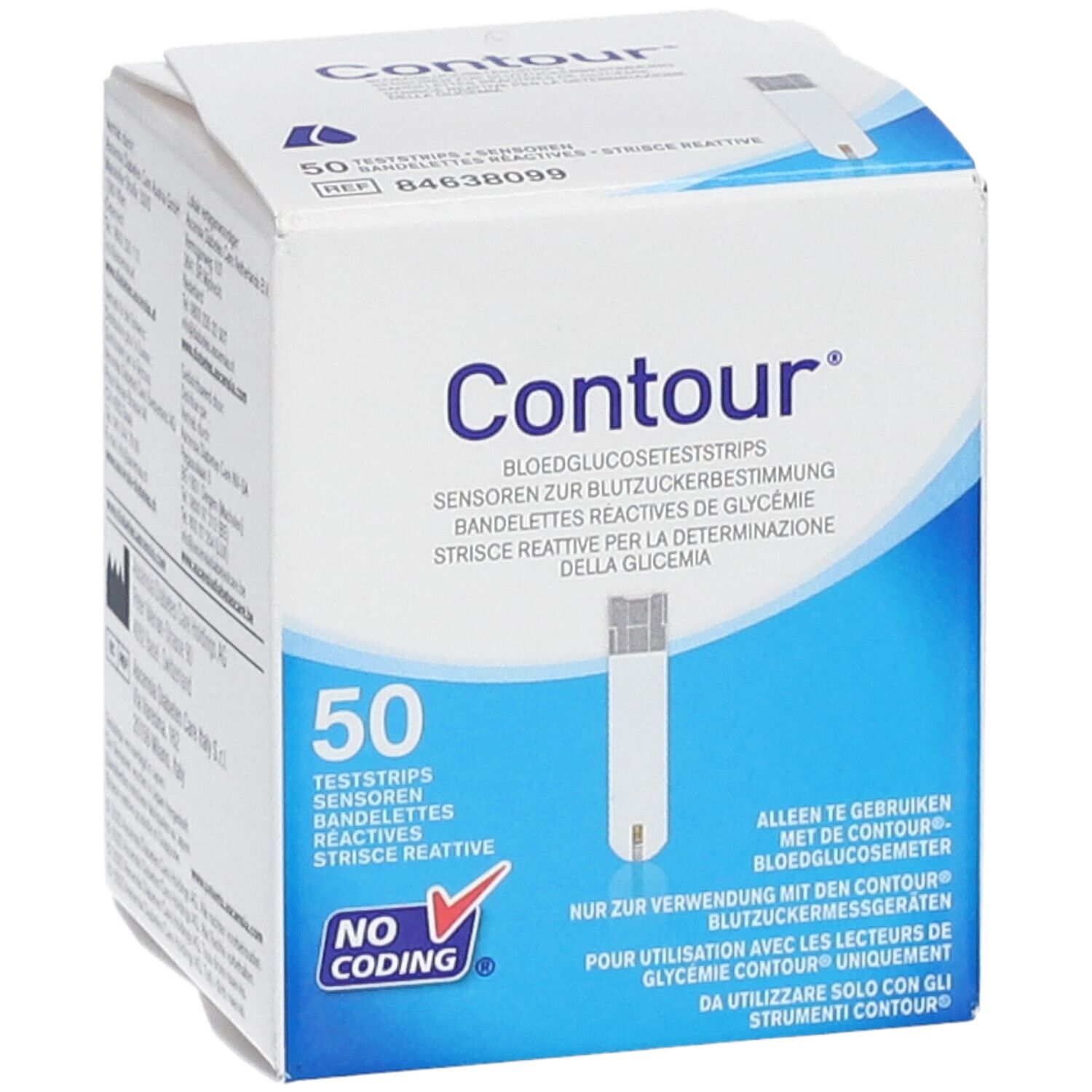 Vorderseite der Contour Teststreifen-Verpackung. Produktname, Logo, Anzahl der Streifen und weitere Informationen.