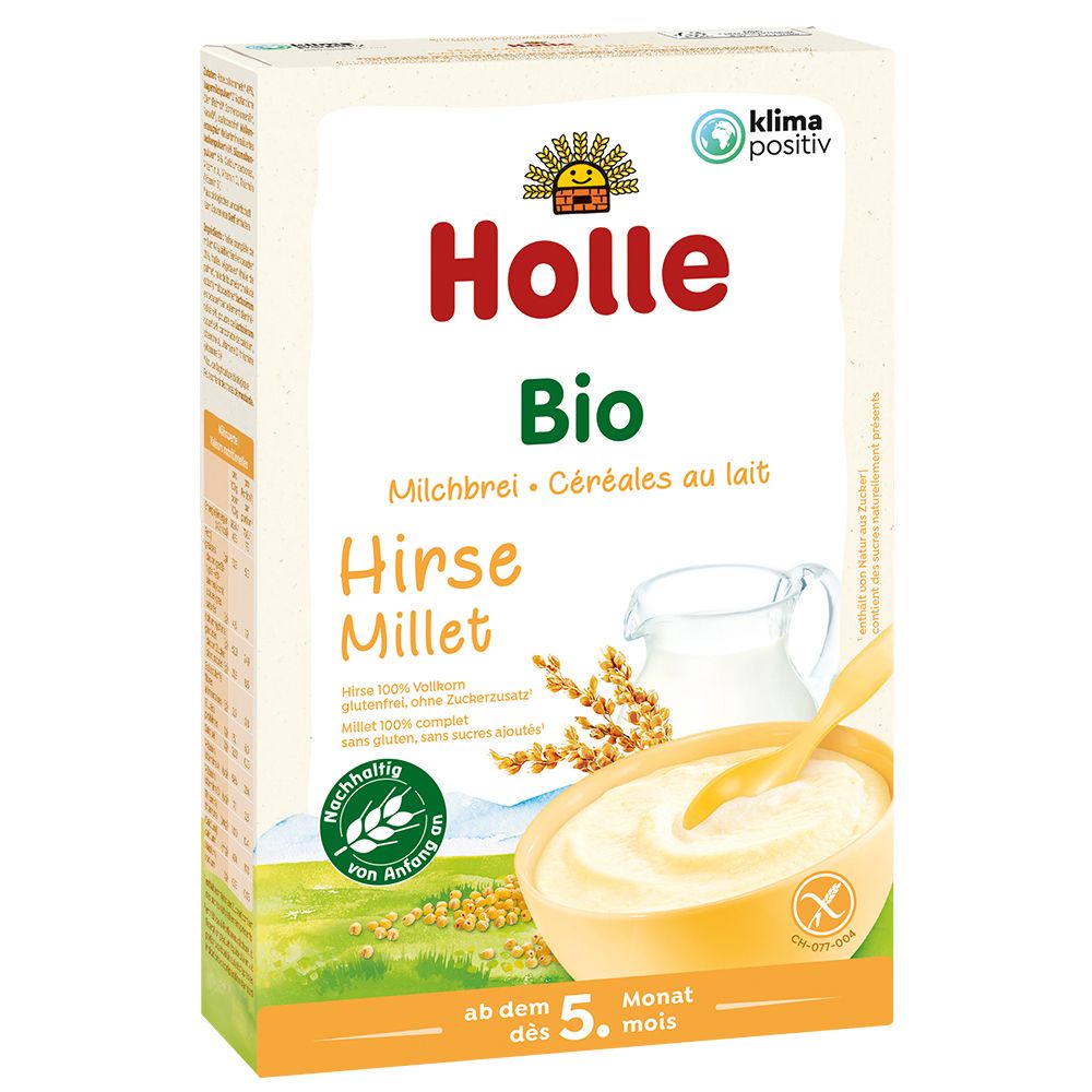 Verpackung von Holle Bio Hirse Millet. Aufschrift: Bio, Milchbrei, Hirse Millet. Ab dem 5. Monat.