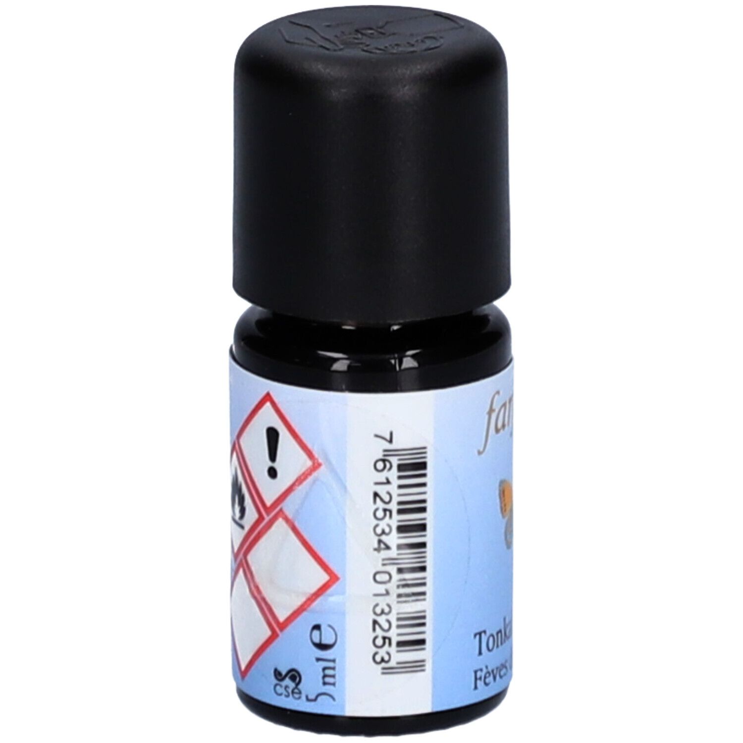 Petite bouteille en verre avec bouchon noir. Étiquette avec code-barres, symboles de danger et indication de volume "5 ml".