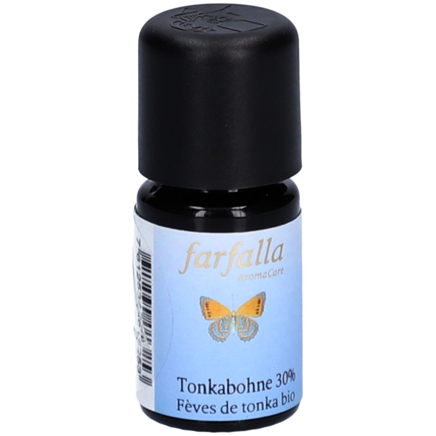 Petite bouteille en verre avec bouchon noir. Étiquette avec papillon, texte "farfalla AromaCare" et "Tonkabohne 30%".