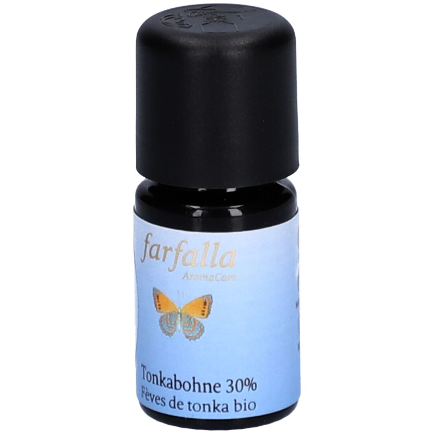 Petite bouteille en verre avec bouchon noir. Étiquette avec papillon, texte "farfalla AromaCare" et "Tonkabohne 30%".