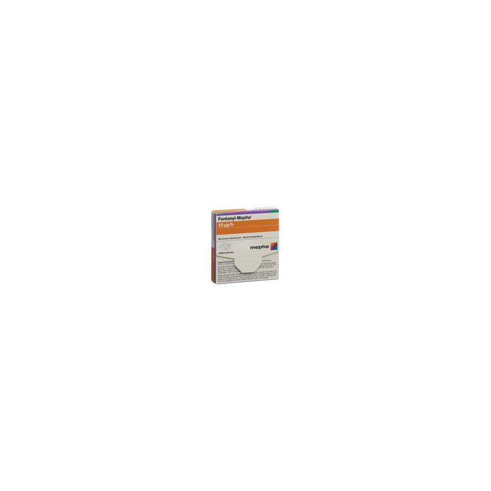 Kartonverpackung mit Produktnamen und Dosierung. Aufschrift: Fentanyl Mepha Matrixpfl 12 mcg/h 5 Stk. Marke: emapharma.