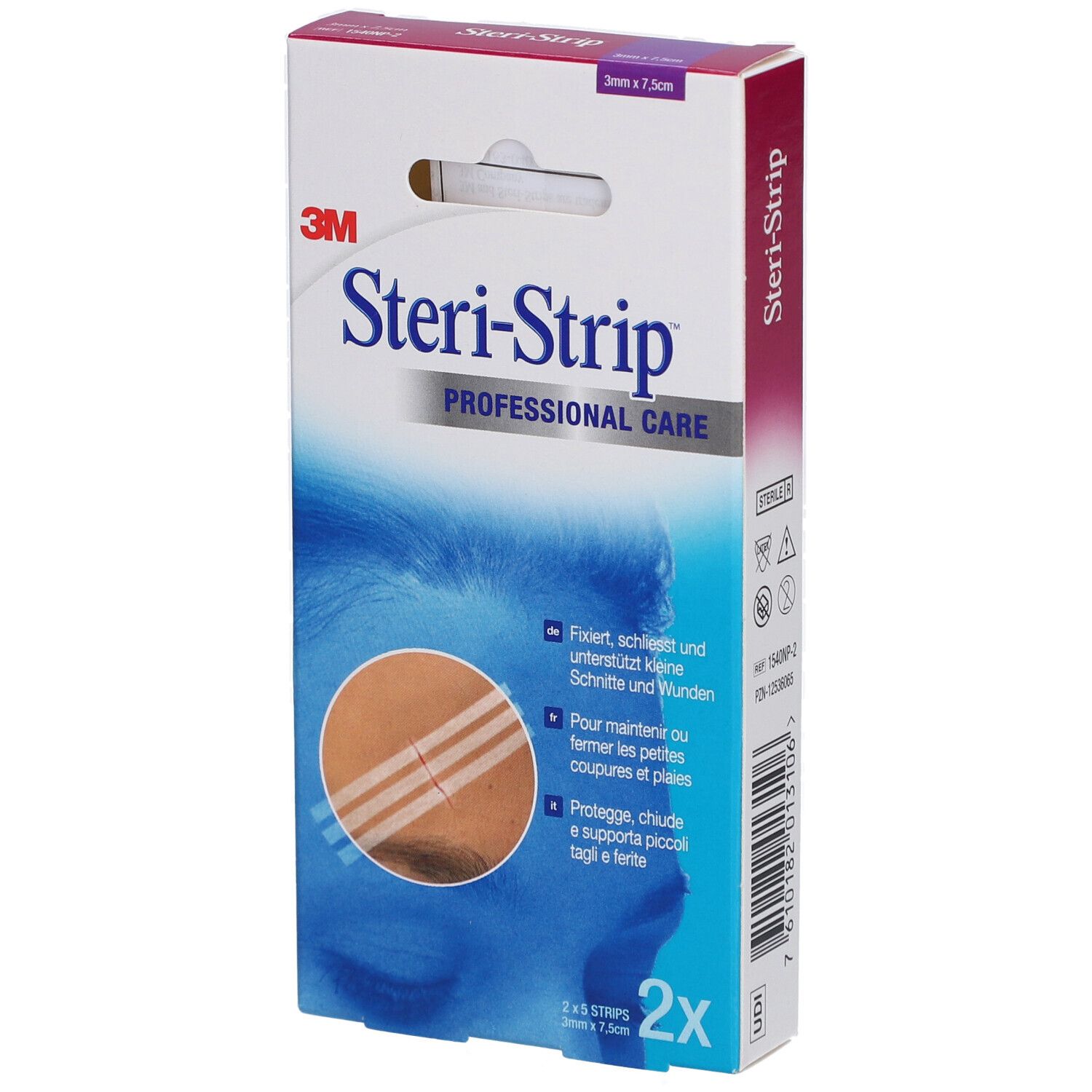 Boîte de 3M Steri-Strip. 2x5 bandes, 3 x 75 mm. Illustration du produit avec instructions.
