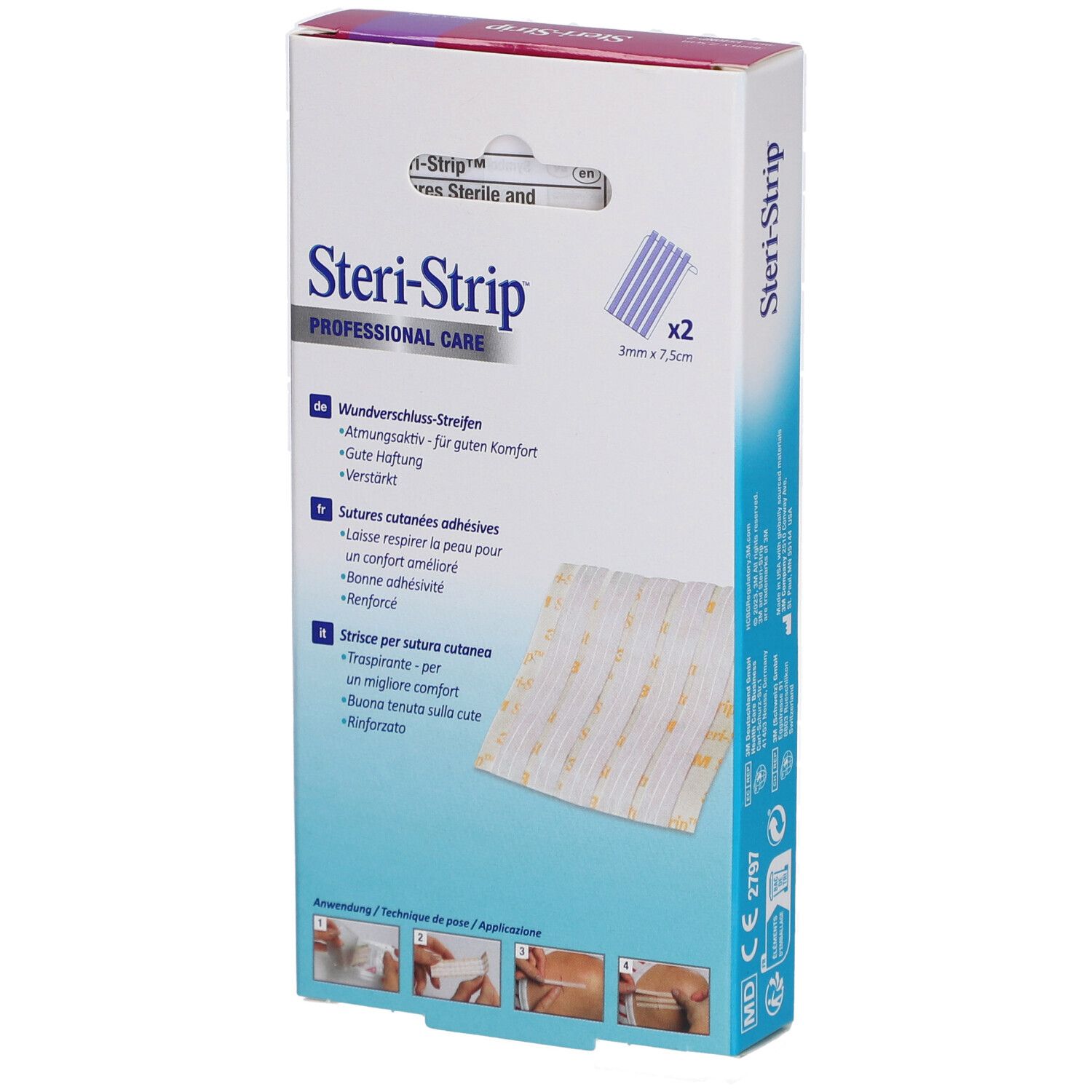 Boîte 3M Steri-Strip. 2x5 bandes, 3 x 7,5 mm. Produit avec bandes.
