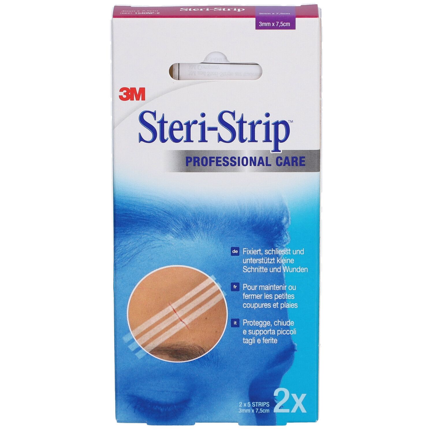 Boîte 3M Steri-Strip. 2x5 bandes, 3 x 75 mm. Illustration du produit avec instructions.