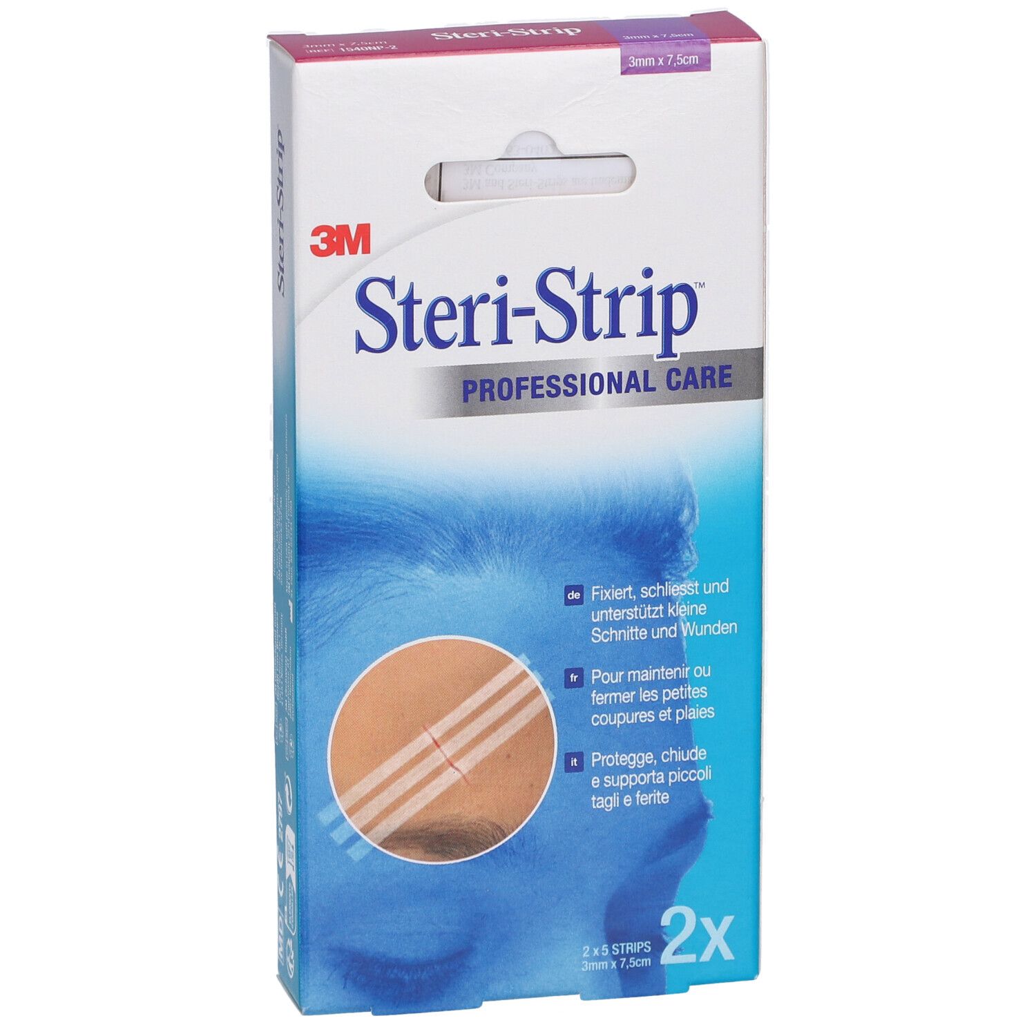Boîte 3M Steri-Strip. 2x5 bandes, 3 x 75 mm. Illustration du produit avec instructions.