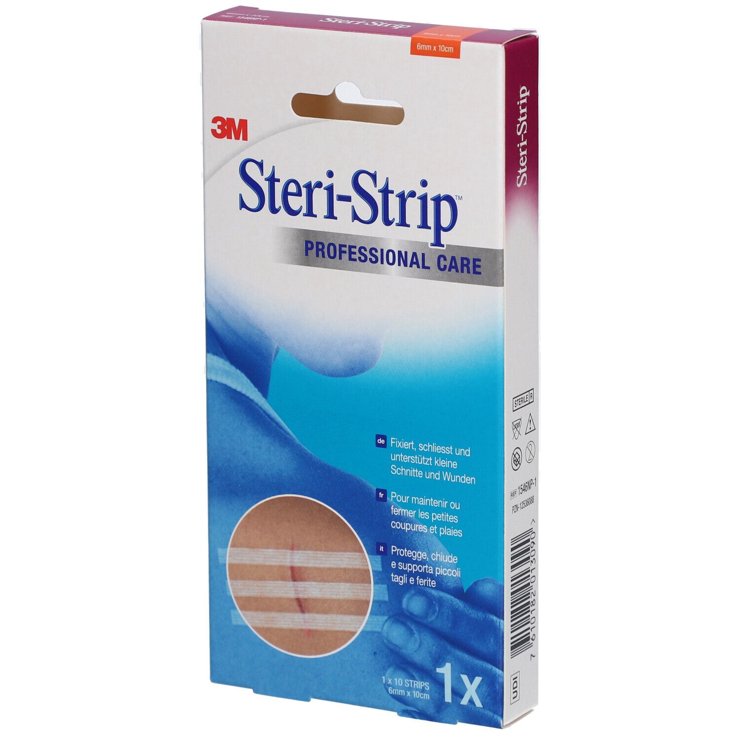 Verpackung mit 3M Steri-Strip. Produktname und Logo sichtbar. Abbildung einer Hautnaht.