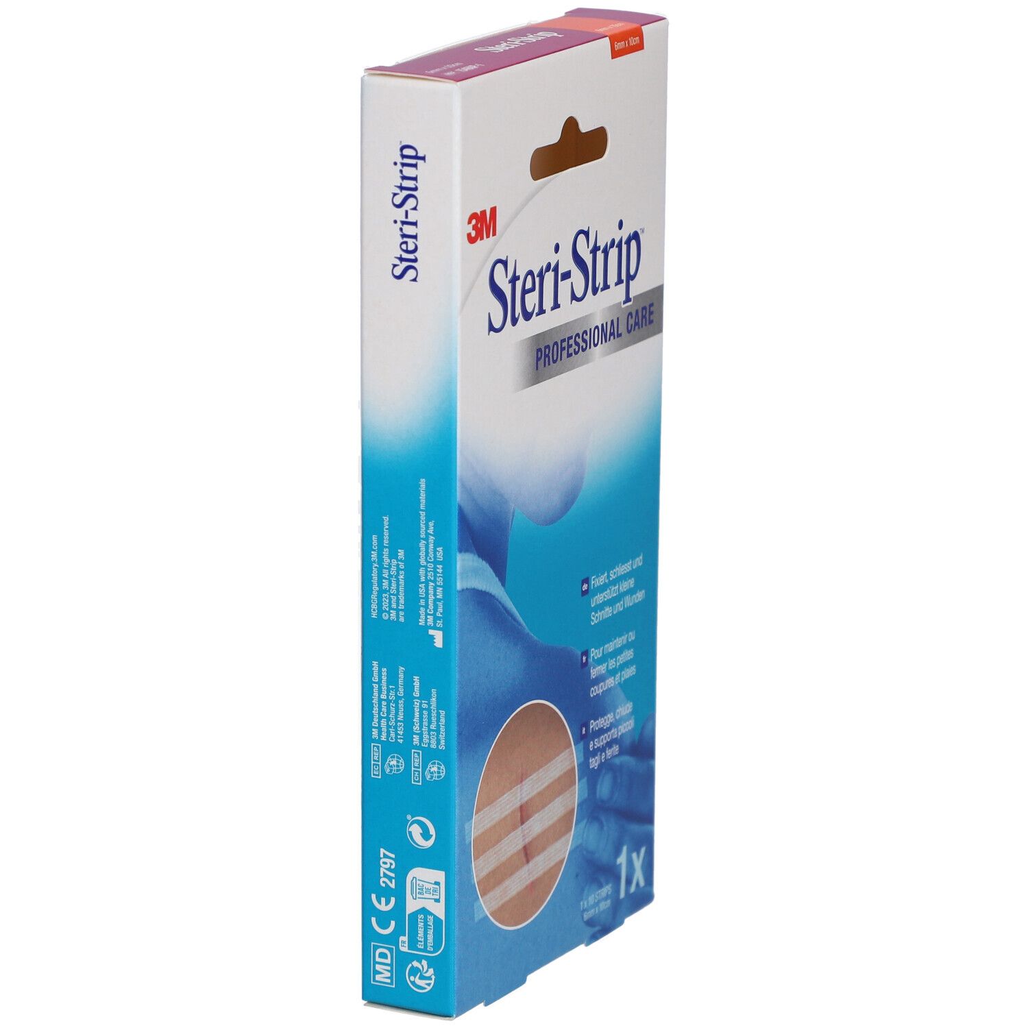 Schmale Verpackung mit 3M Steri-Strip. Produktname und Logo sichtbar. Ansicht von der Seite.