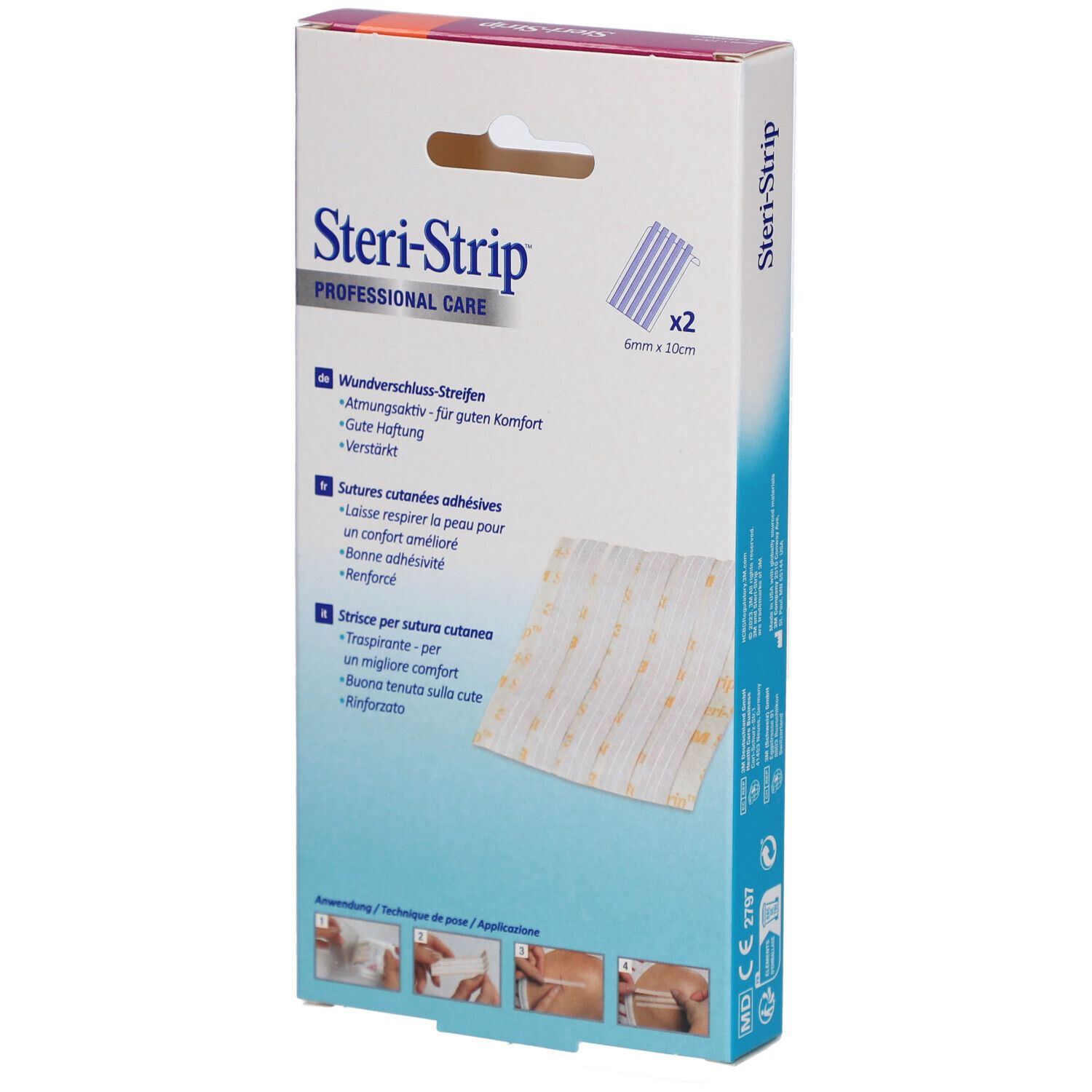 Rückseite der Verpackung mit 3M Steri-Strip. Produktname und Logo sichtbar. Produktinformationen.
