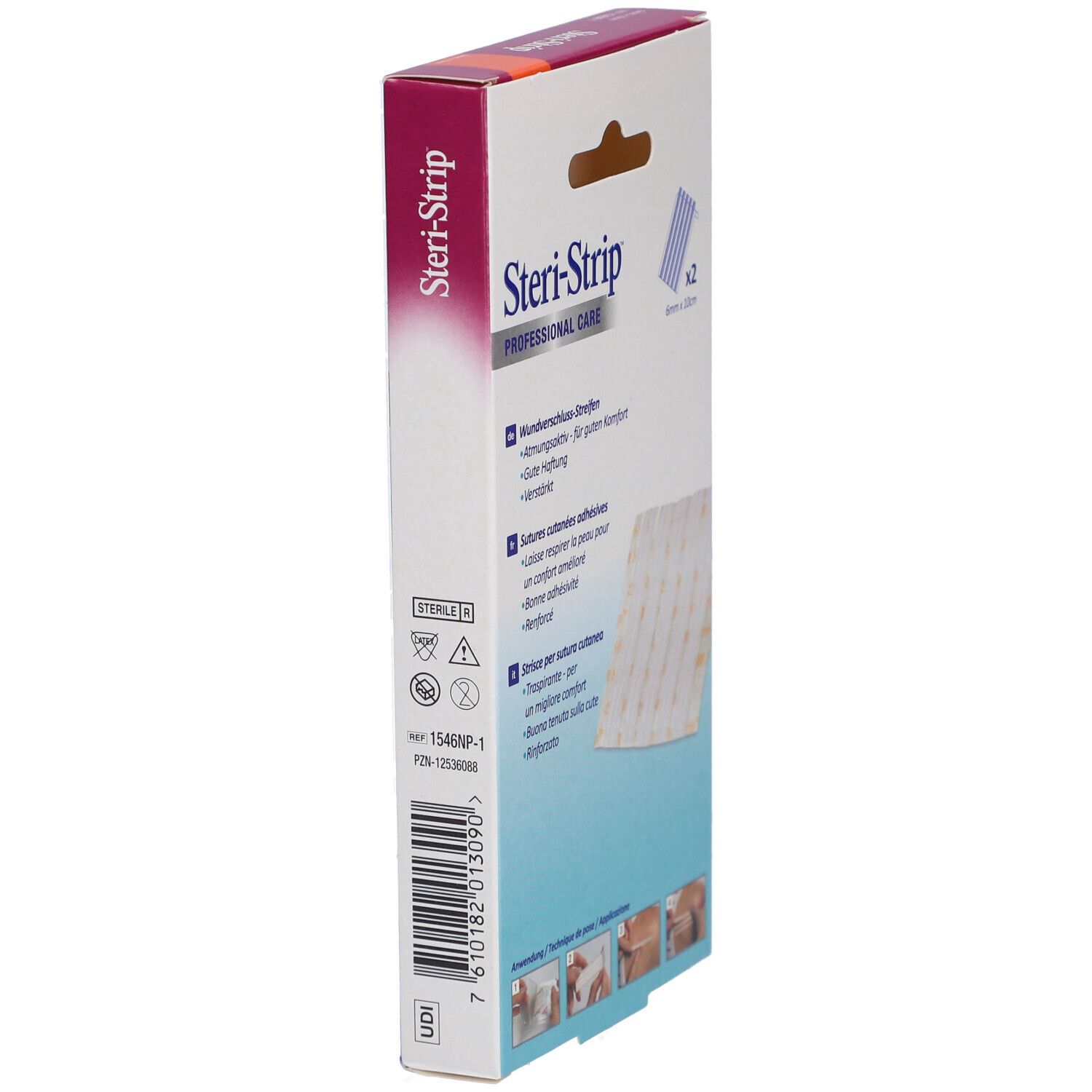 Seite der Verpackung mit 3M Steri-Strip. Produktname und Logo sichtbar. Produktinformationen.