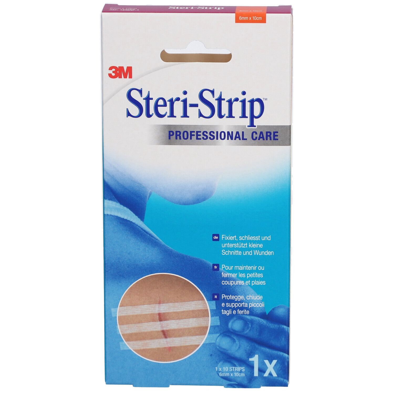 Verpackung mit 3M Steri-Strip. Produktname und Logo sichtbar. Abbildung einer Hautnaht.