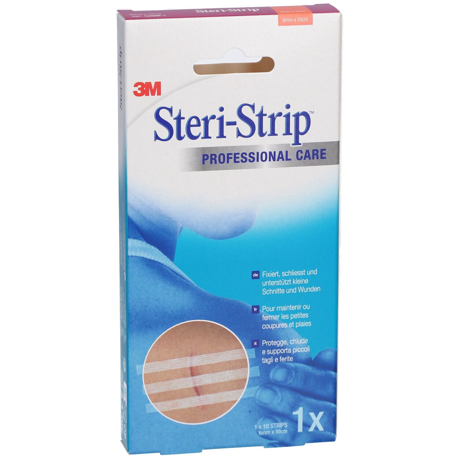 Verpackung mit 3M Steri-Strip. Produktname und Logo sichtbar. Abbildung einer Hautnaht.