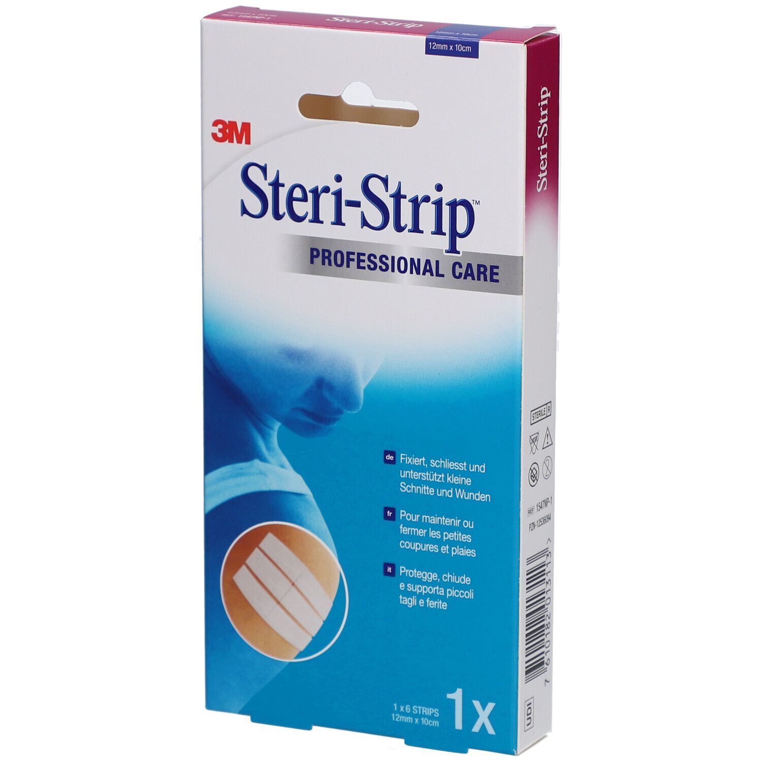 Boîte de 3M Steri-Strip. Contient 6 bandes. Inscription: Professional Care. Dimensions: 12 x 100 mm.