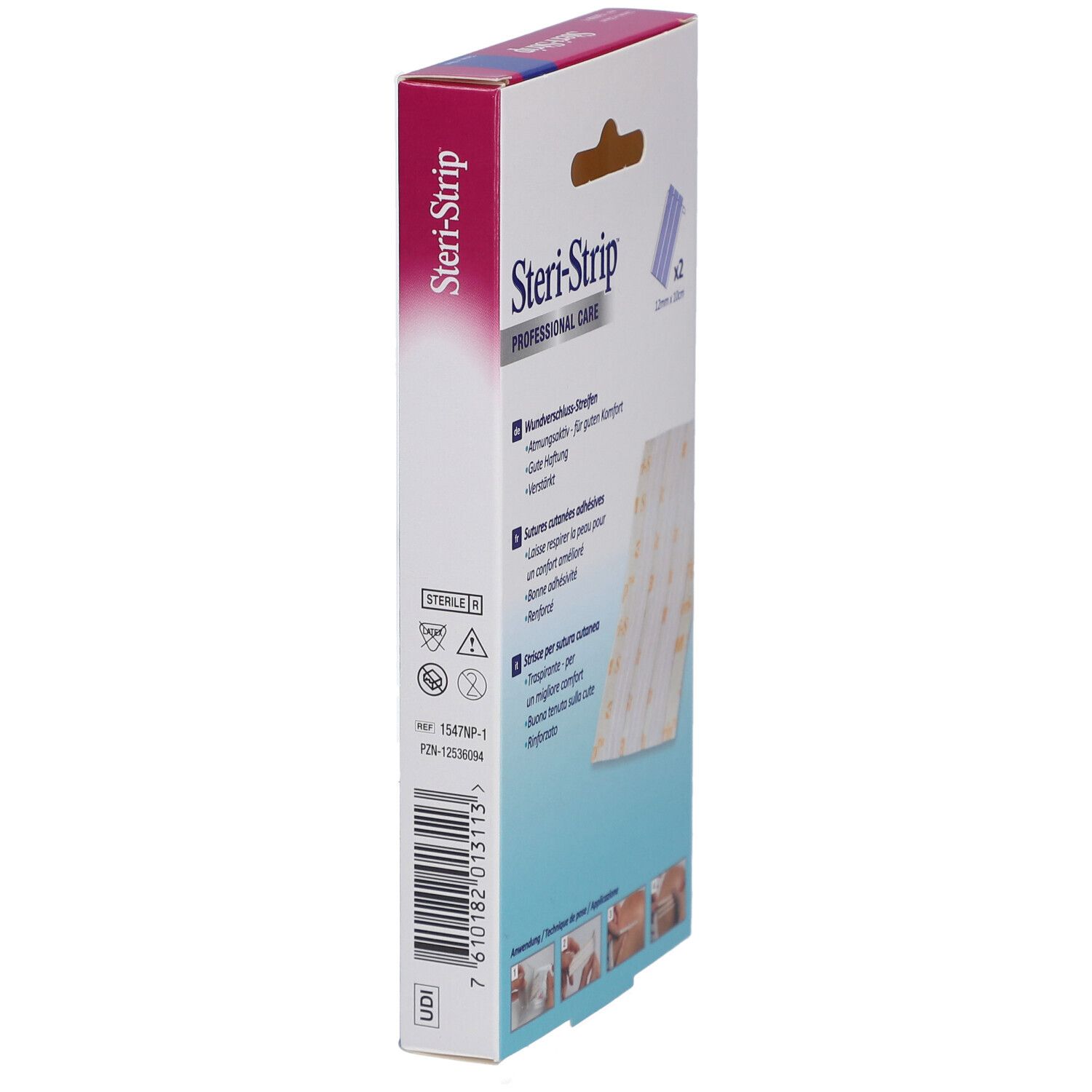 Vue latérale de la boîte 3M Steri-Strip. Avec marquage CE et pictogrammes.